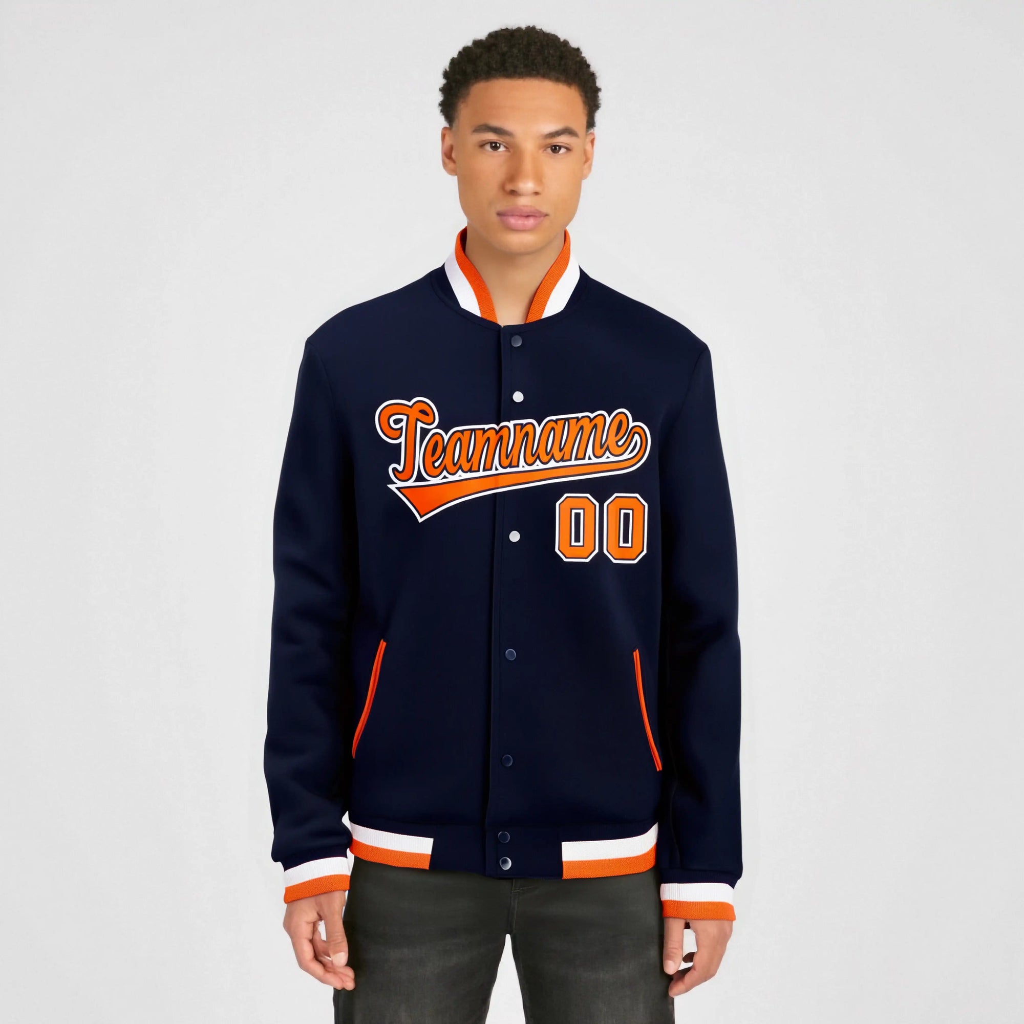 Custom Navy Orange White Bomber Full-Snap Varsity Letterman Jacket