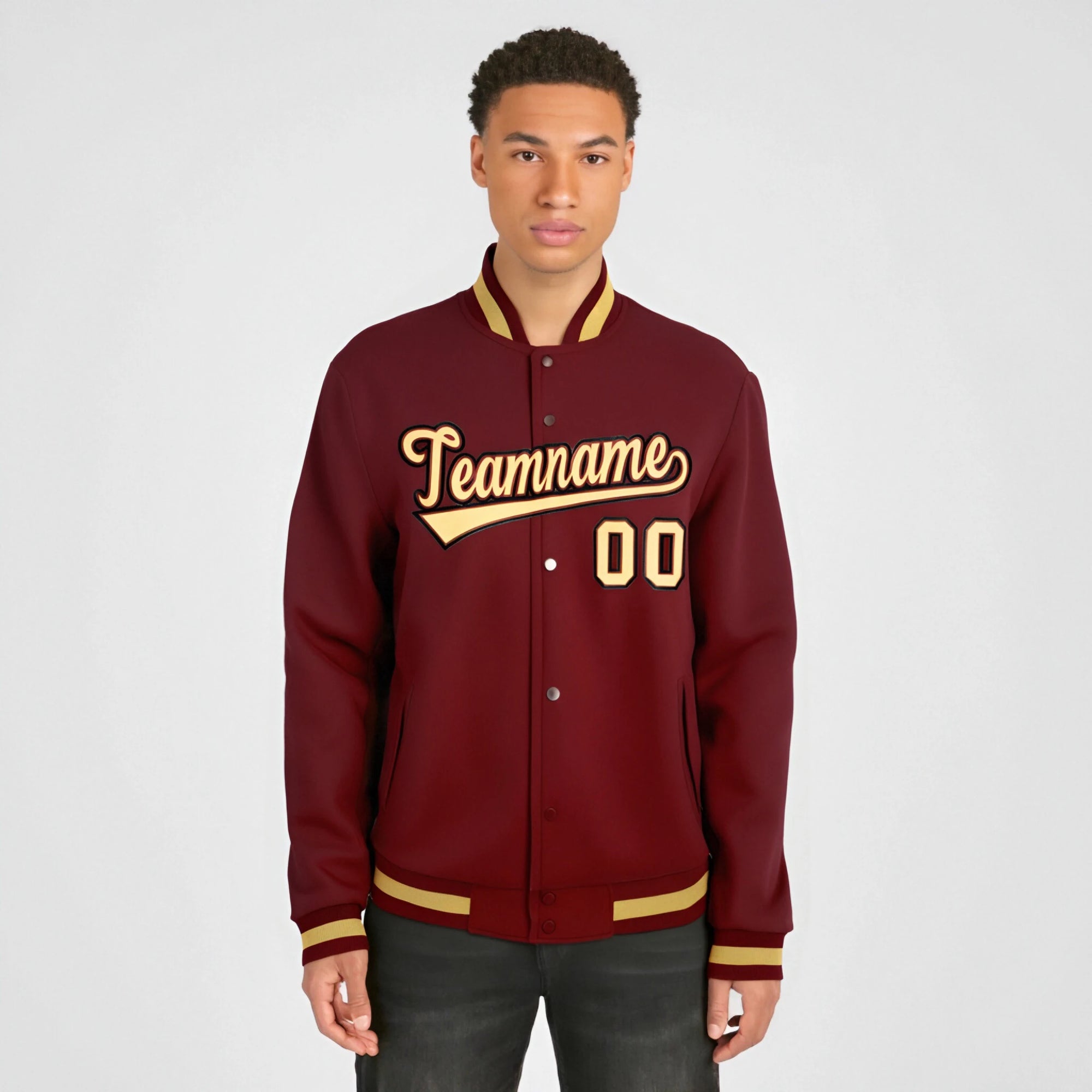 Custom Burgundy Yellow-Black Bomber Full-Snap Varsity Letterman Jacket