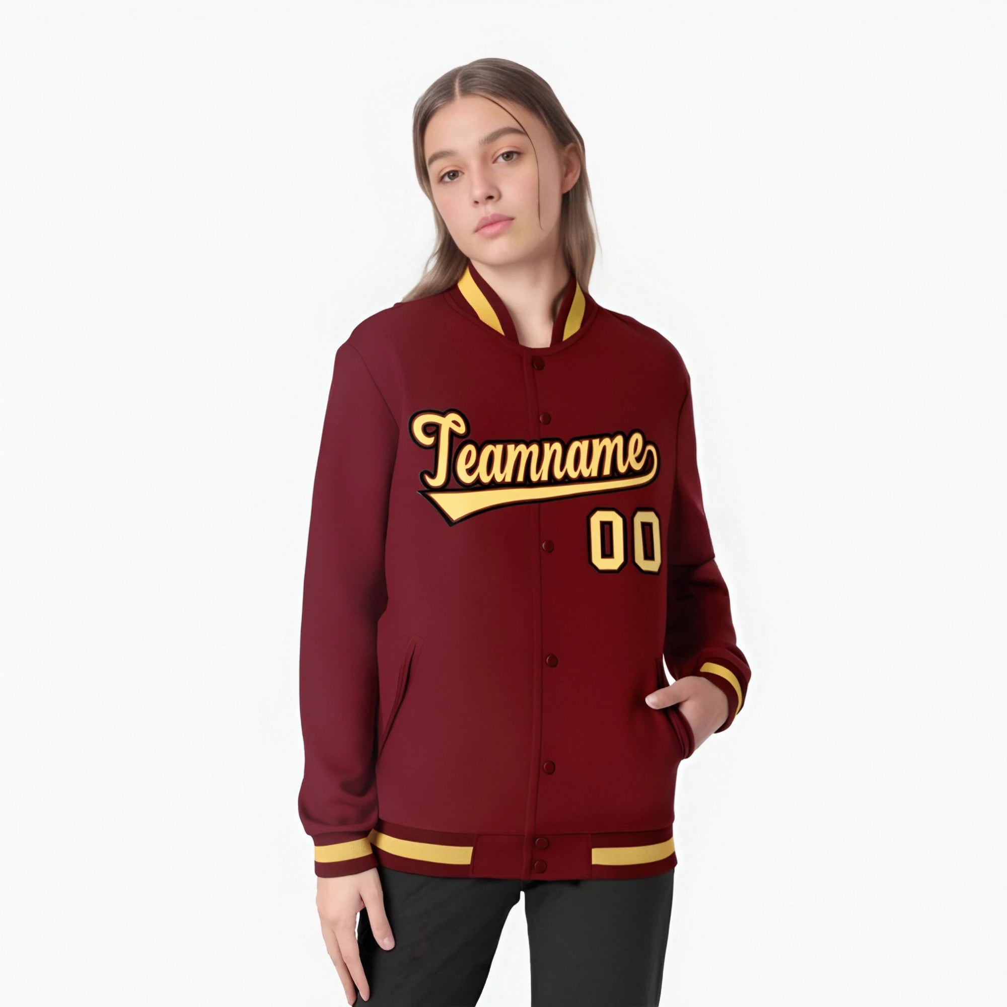 Custom Burgundy Yellow-Black Bomber Full-Snap Varsity Letterman Jacket