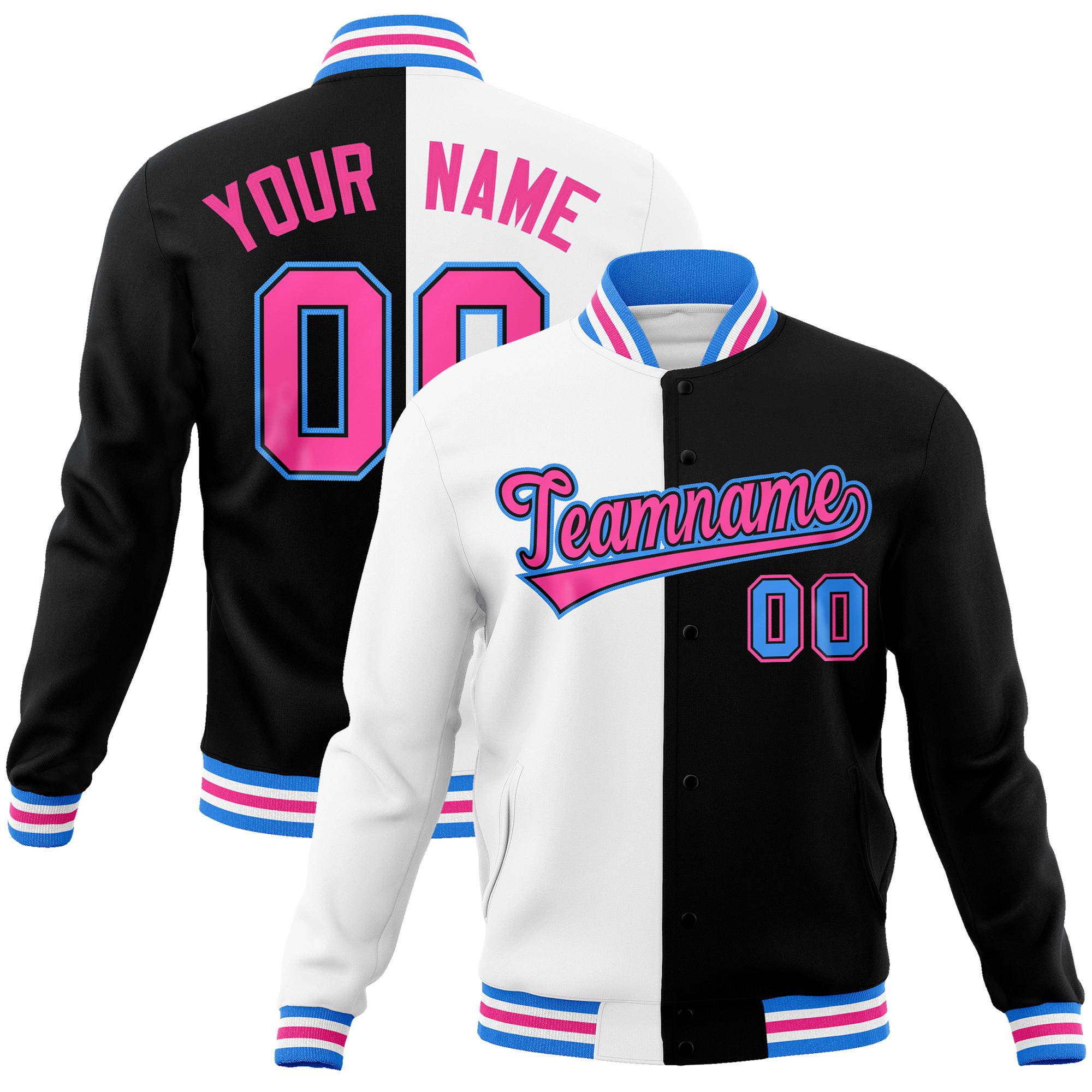 Custom White Light-Blue Black Bomber Full-Snap Varsity Letterman Split Fashion Jacket