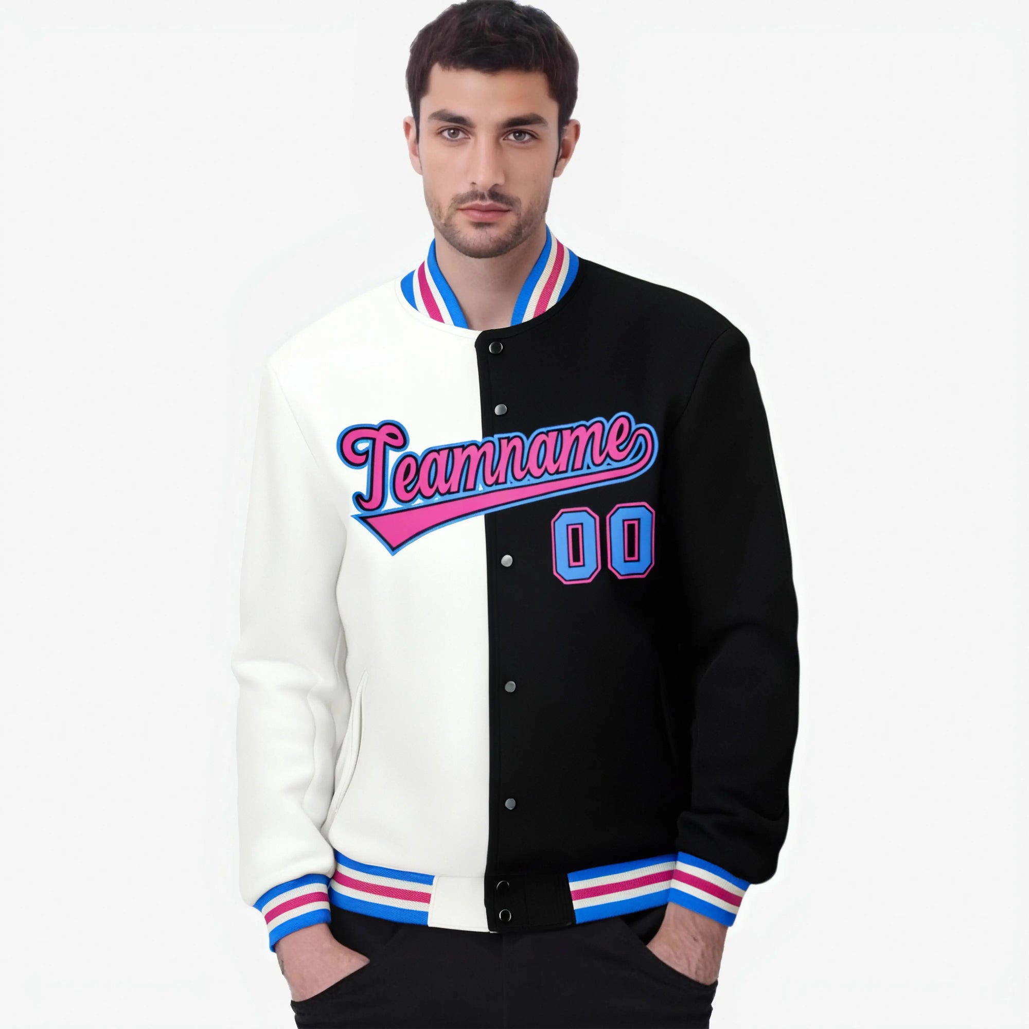 Custom White Light-Blue Black Bomber Full-Snap Varsity Letterman Split Fashion Jacket