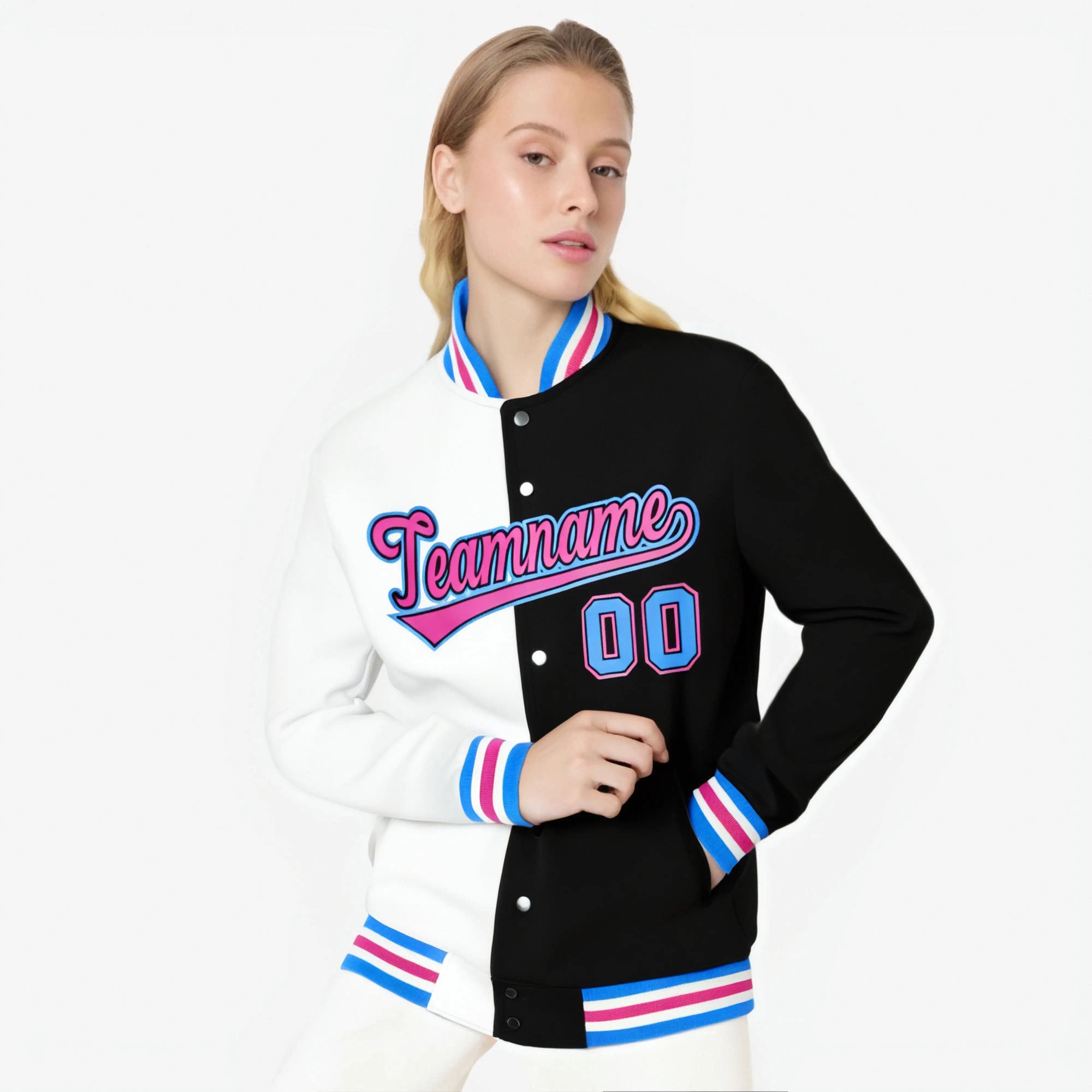 Custom White Light-Blue Black Bomber Full-Snap Varsity Letterman Split Fashion Jacket