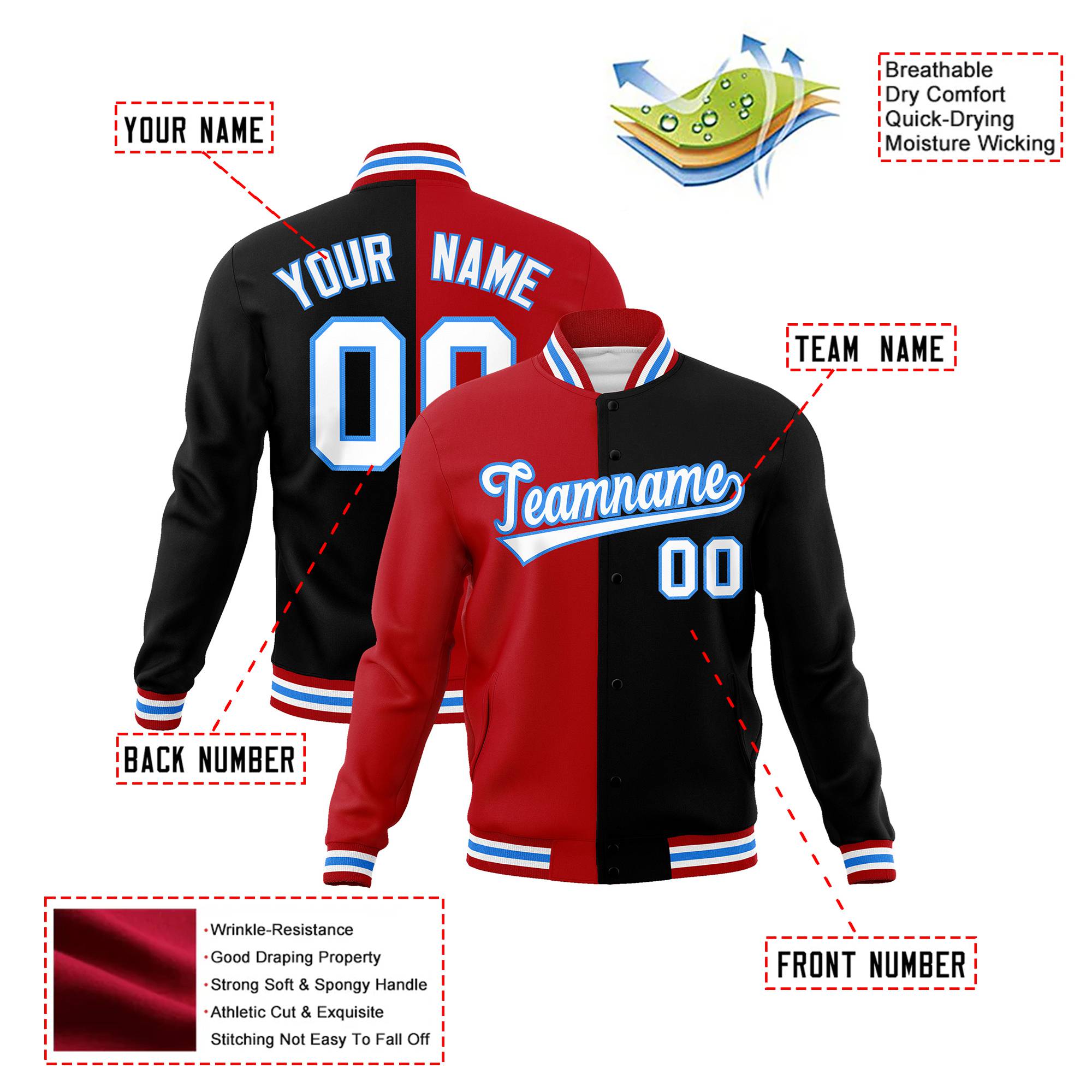 Custom Royal-Red Light-Blue Black Bomber Full-Snap Varsity Letterman Split Fashion Jacket