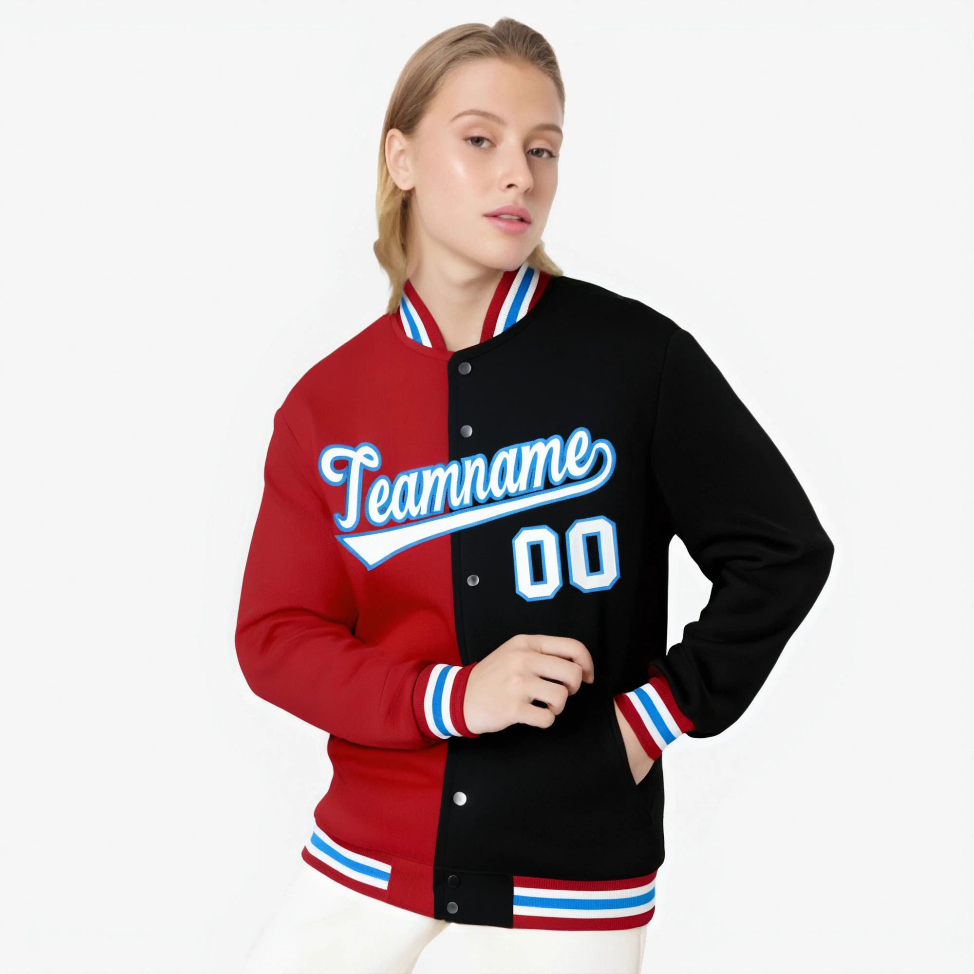 Custom Royal-Red Light-Blue Black Bomber Full-Snap Varsity Letterman Split Fashion Jacket