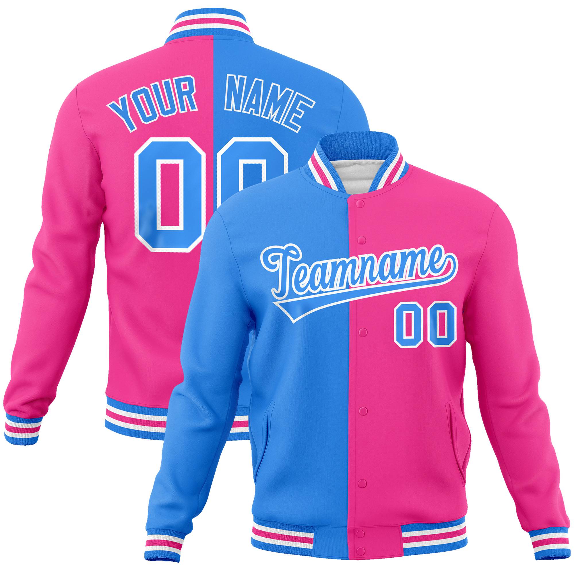 Custom Light-Blue Pink Bomber Full-Snap Varsity Letterman Split Fashion Jacket