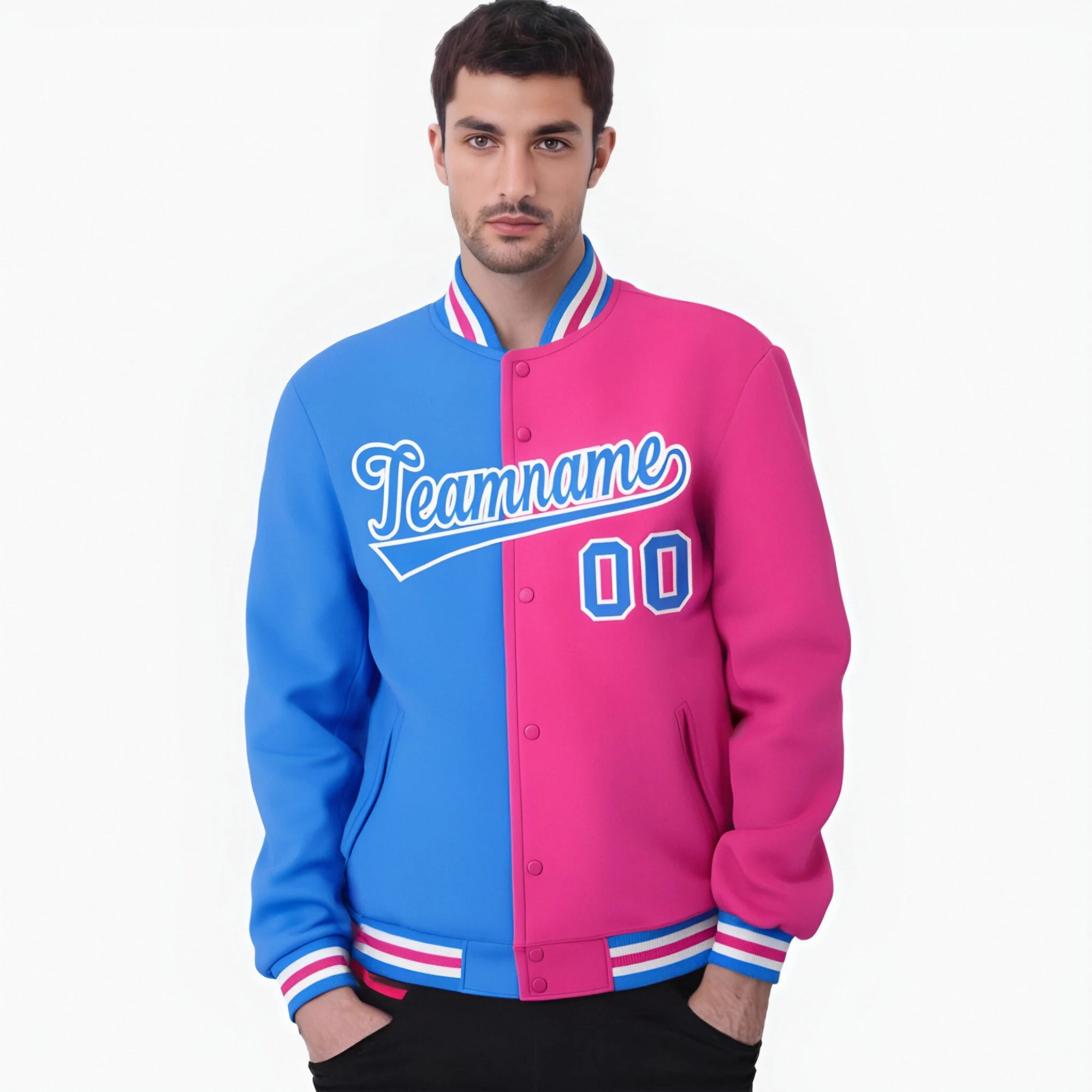 Custom Light-Blue Pink Bomber Full-Snap Varsity Letterman Split Fashion Jacket