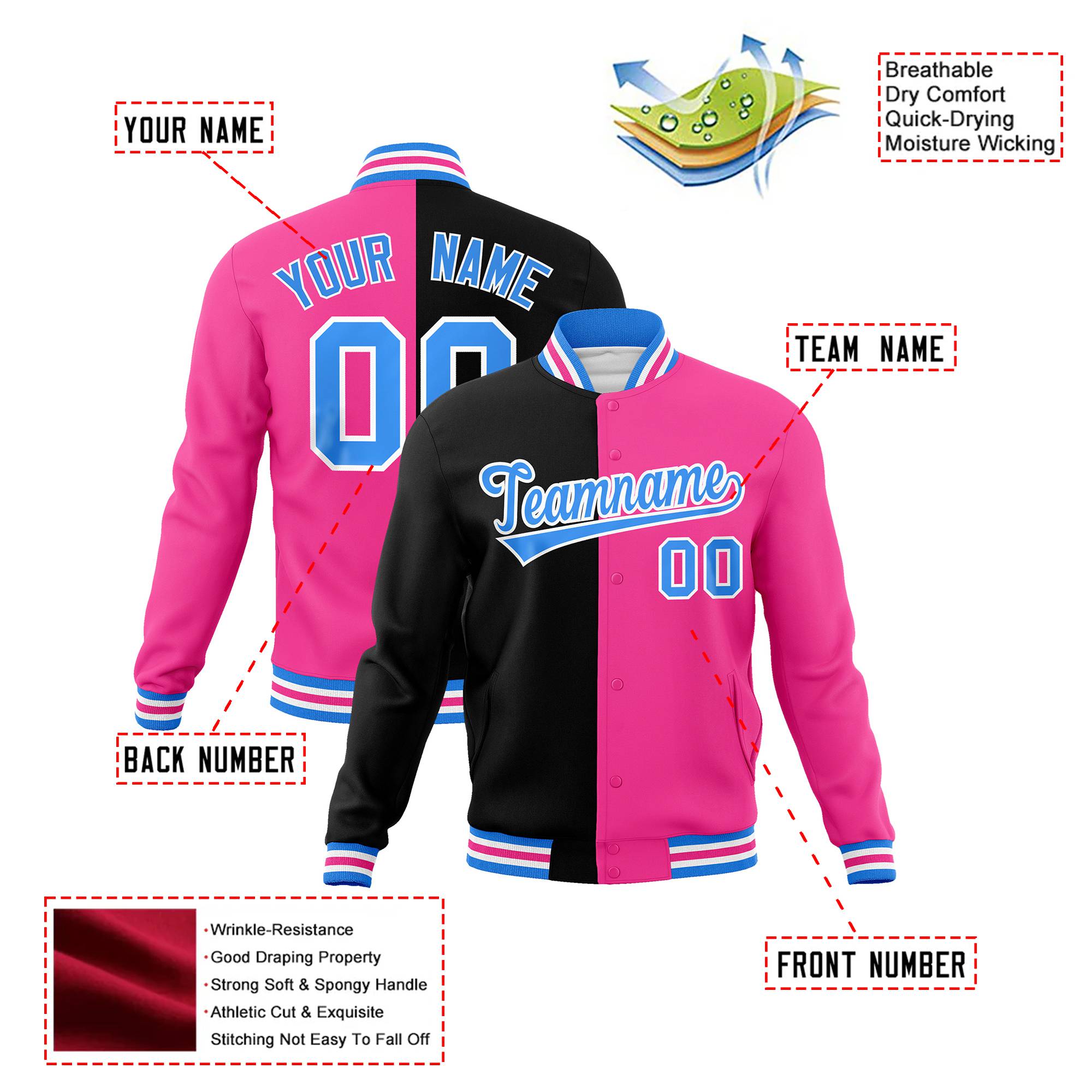 Custom Black Light-Blue Pink Bomber Full-Snap Varsity Letterman Split Fashion Jacket