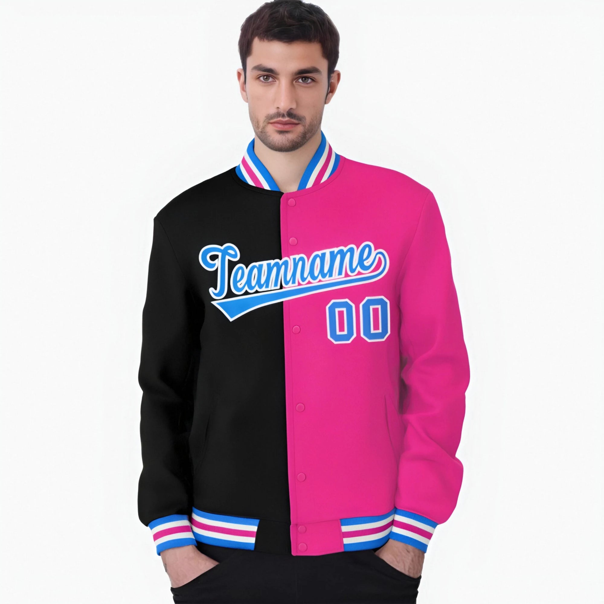 Custom Black Light-Blue Pink Bomber Full-Snap Varsity Letterman Split Fashion Jacket