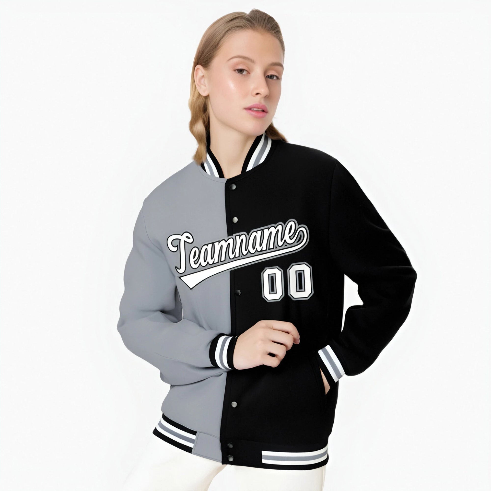 Custom Gray White Black Bomber Full-Snap Varsity Letterman Split Fashion Jacket