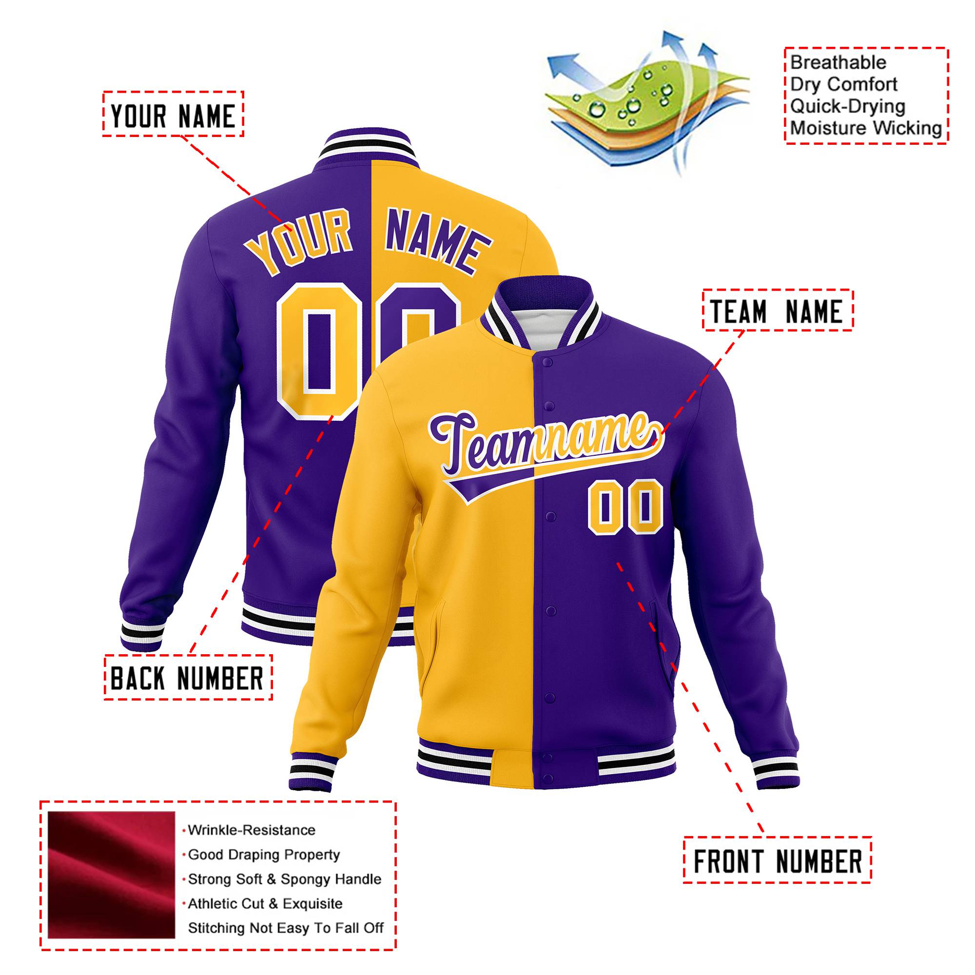 Custom Yellow White Purple Bomber Full-Snap Varsity Letterman Split Fashion Jacket