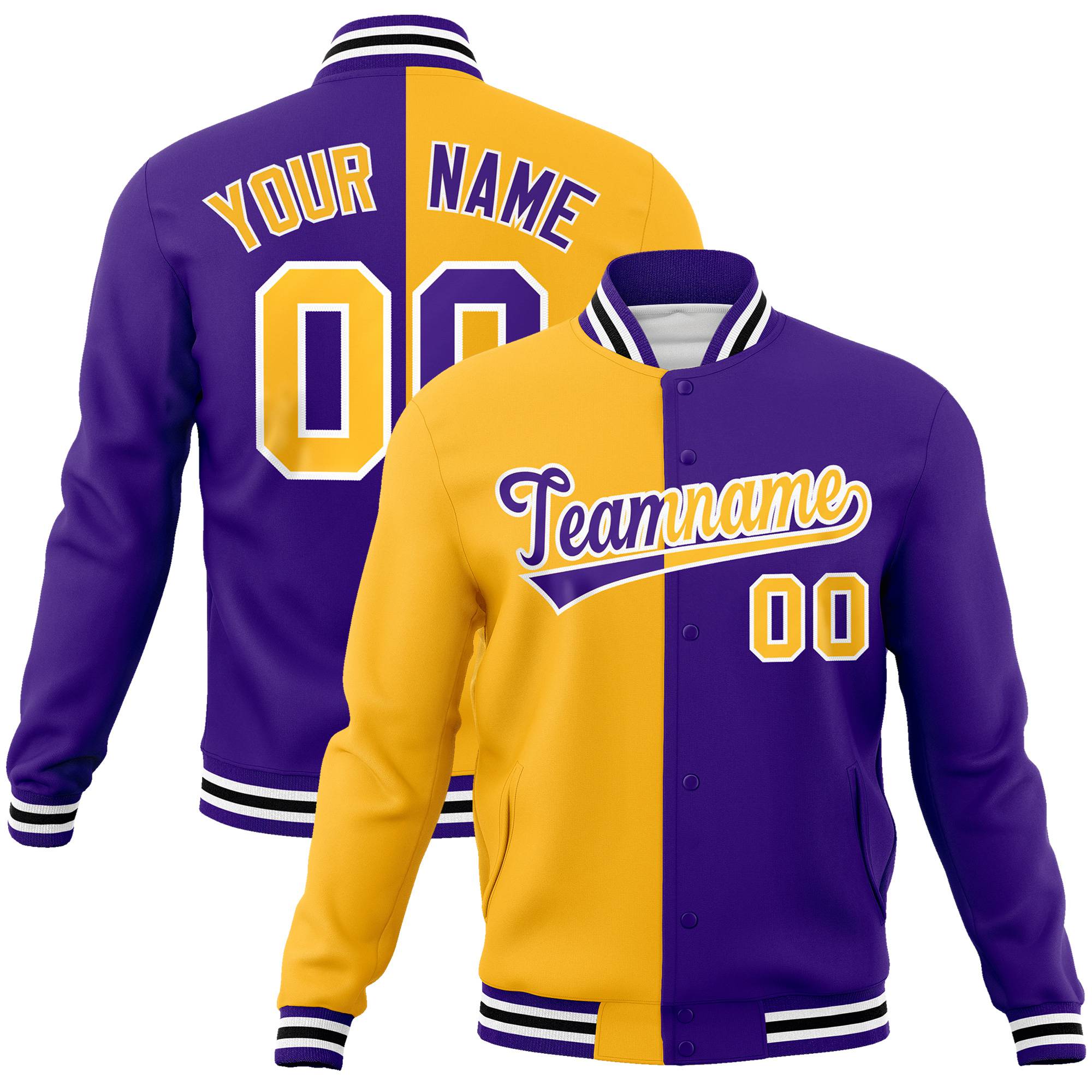 Custom Yellow White Purple Bomber Full-Snap Varsity Letterman Split Fashion Jacket