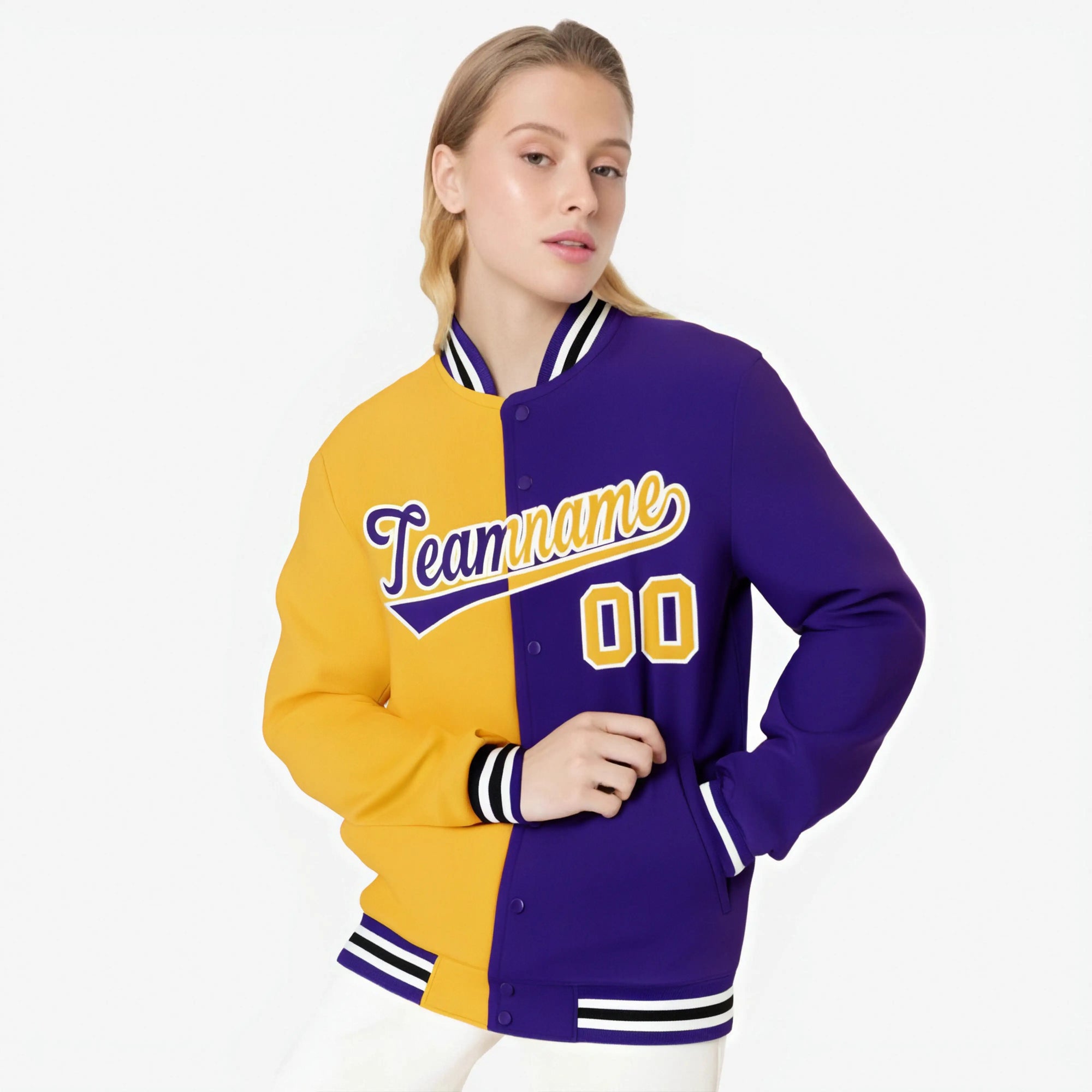 Custom Yellow White Purple Bomber Full-Snap Varsity Letterman Split Fashion Jacket