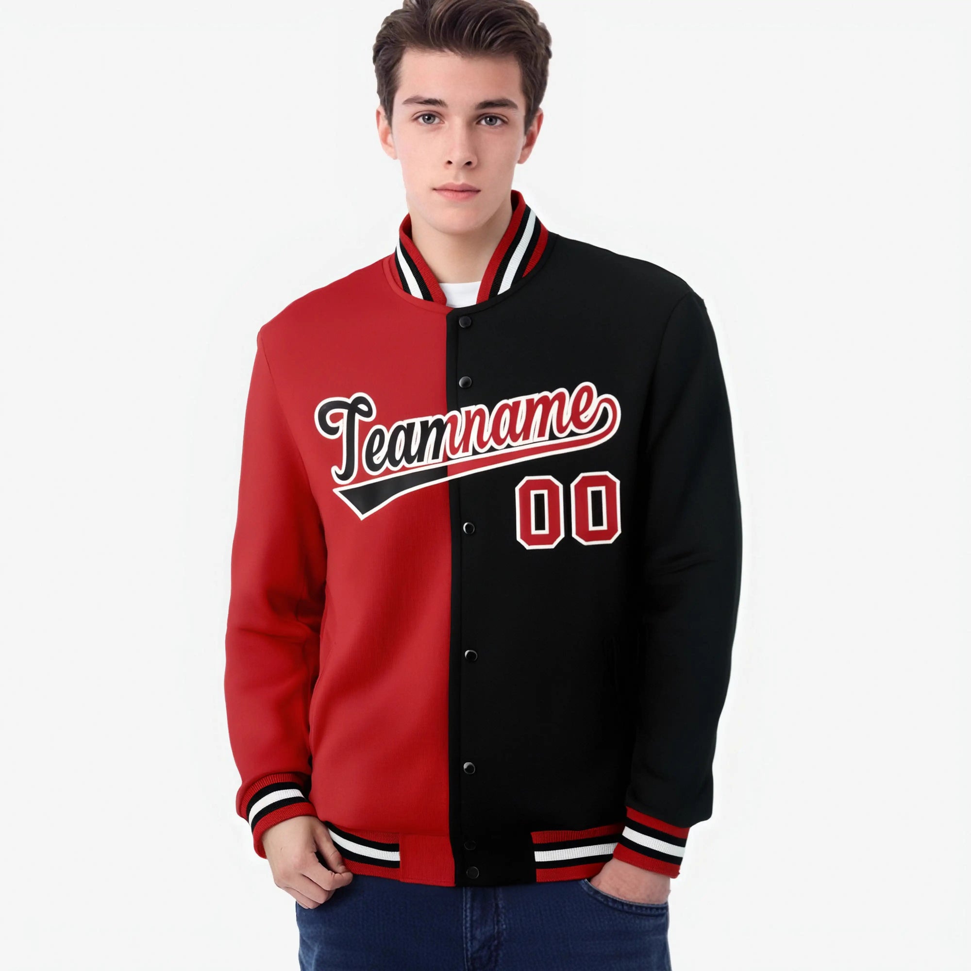 Custom Royal-Red White Black Bomber Full-Snap Varsity Letterman Split Fashion Jacket