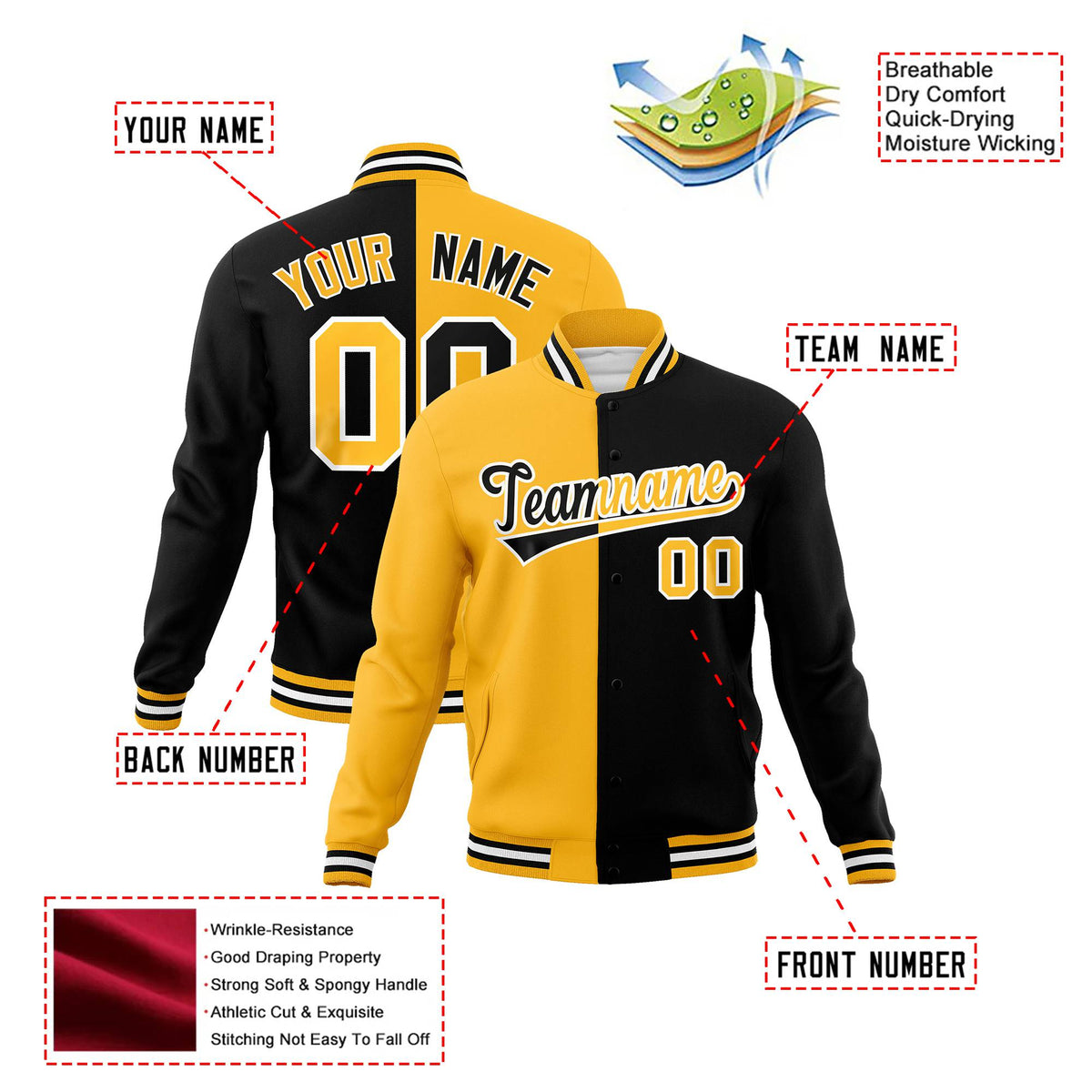 Custom Yellow White Black Bomber Full-Snap Varsity Letterman Split Fashion Jacket