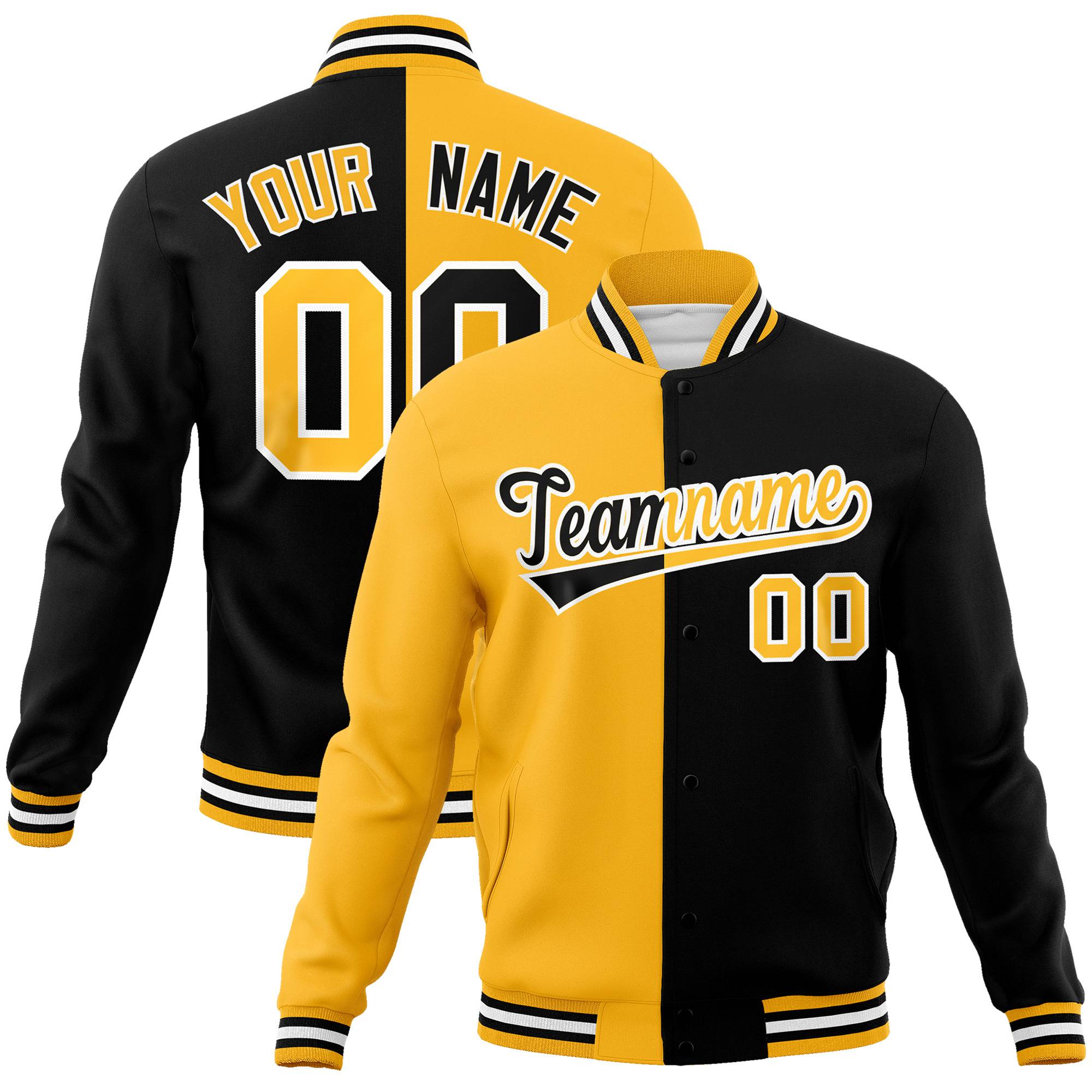 Custom Yellow White Black Bomber Full-Snap Varsity Letterman Split Fashion Jacket