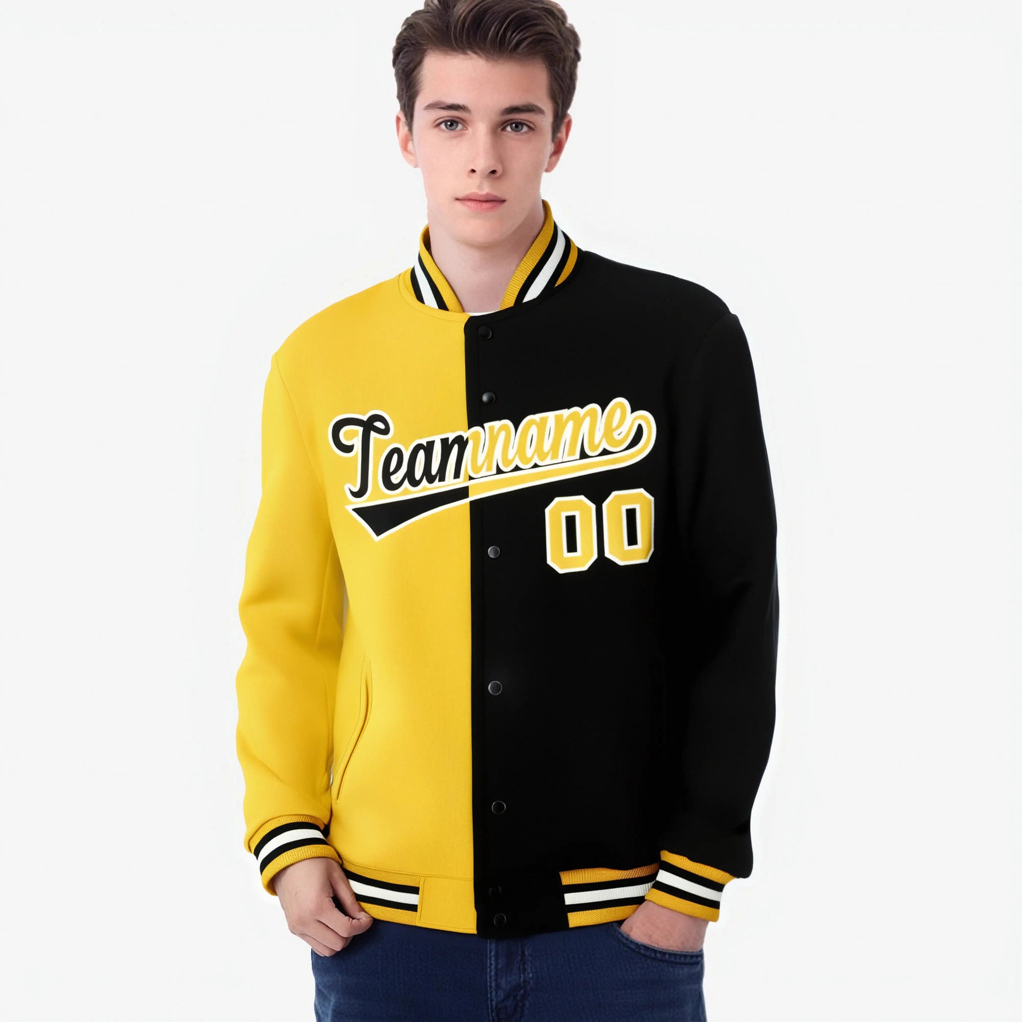 Custom Yellow White Black Bomber Full-Snap Varsity Letterman Split Fashion Jacket