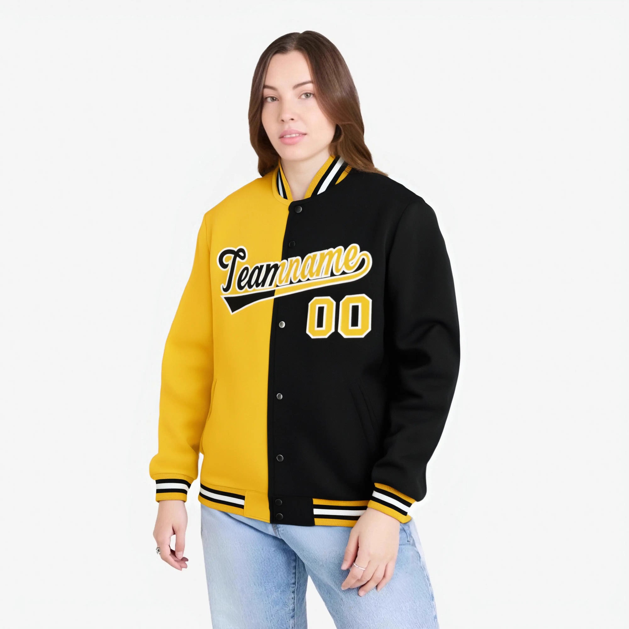 Custom Yellow White Black Bomber Full-Snap Varsity Letterman Split Fashion Jacket