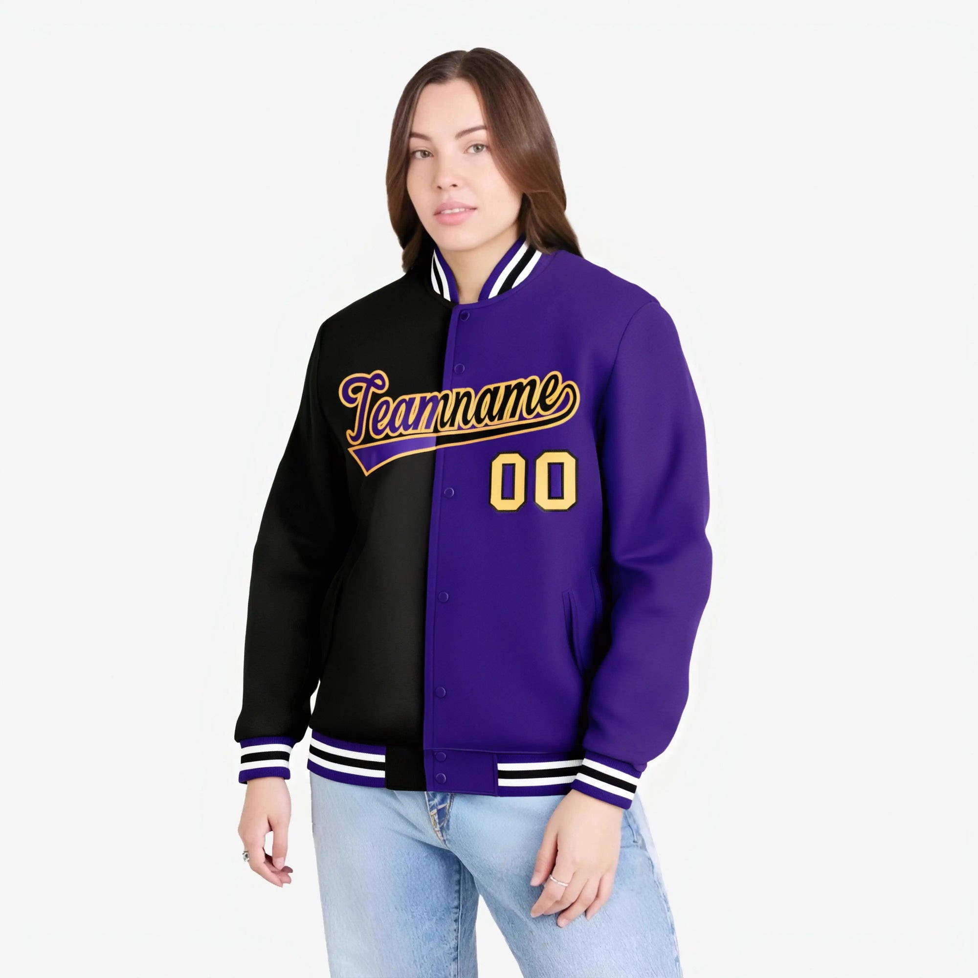 Custom Black Yellow Purple Bomber Full-Snap Varsity Letterman Split Fashion Jacket