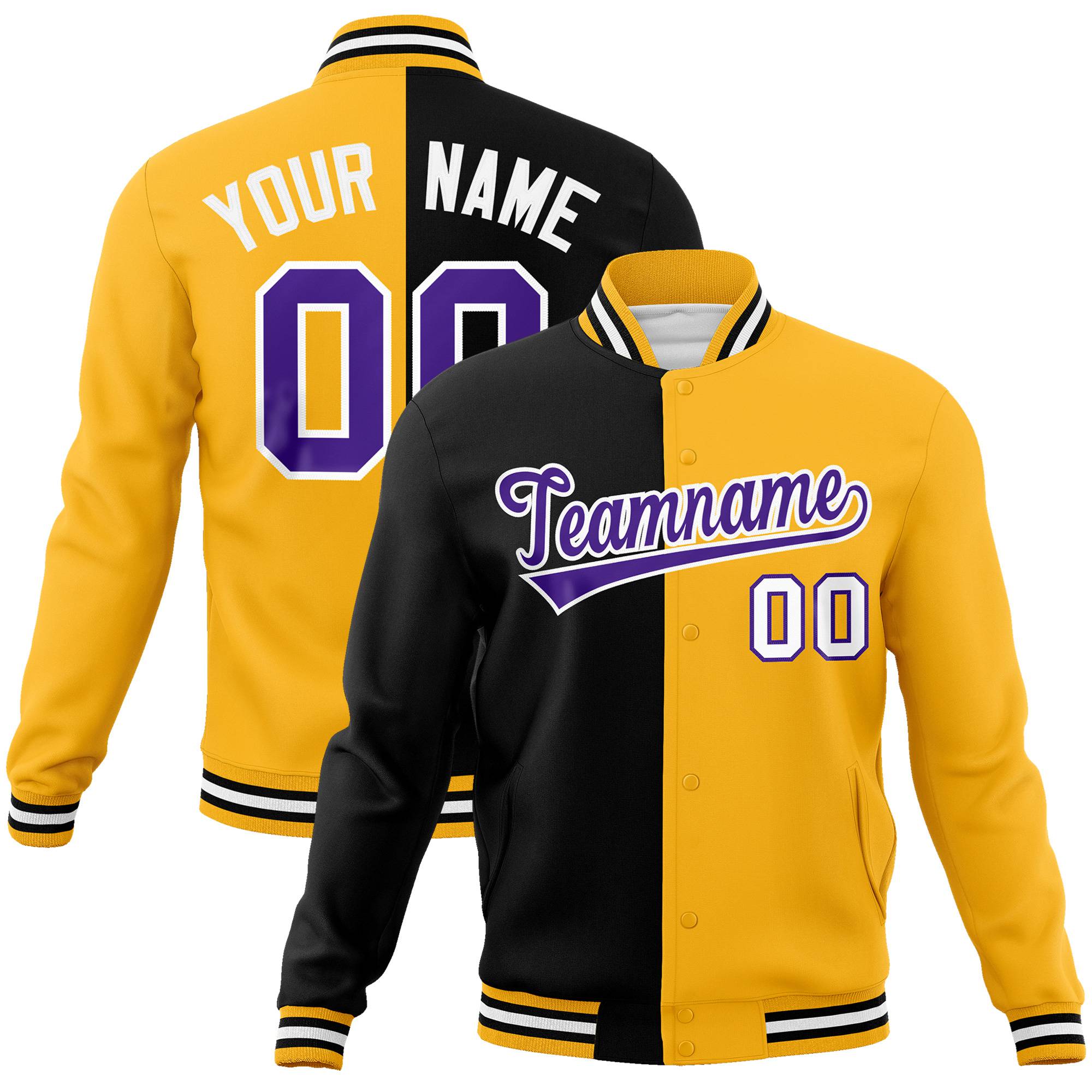 Custom Black Purple Yellow Bomber Full-Snap Varsity Letterman Split Fashion Jacket