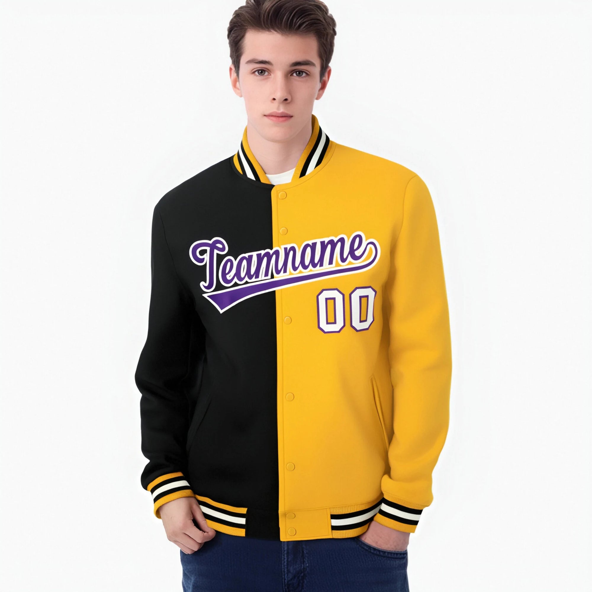 Custom Black Purple Yellow Bomber Full-Snap Varsity Letterman Split Fashion Jacket