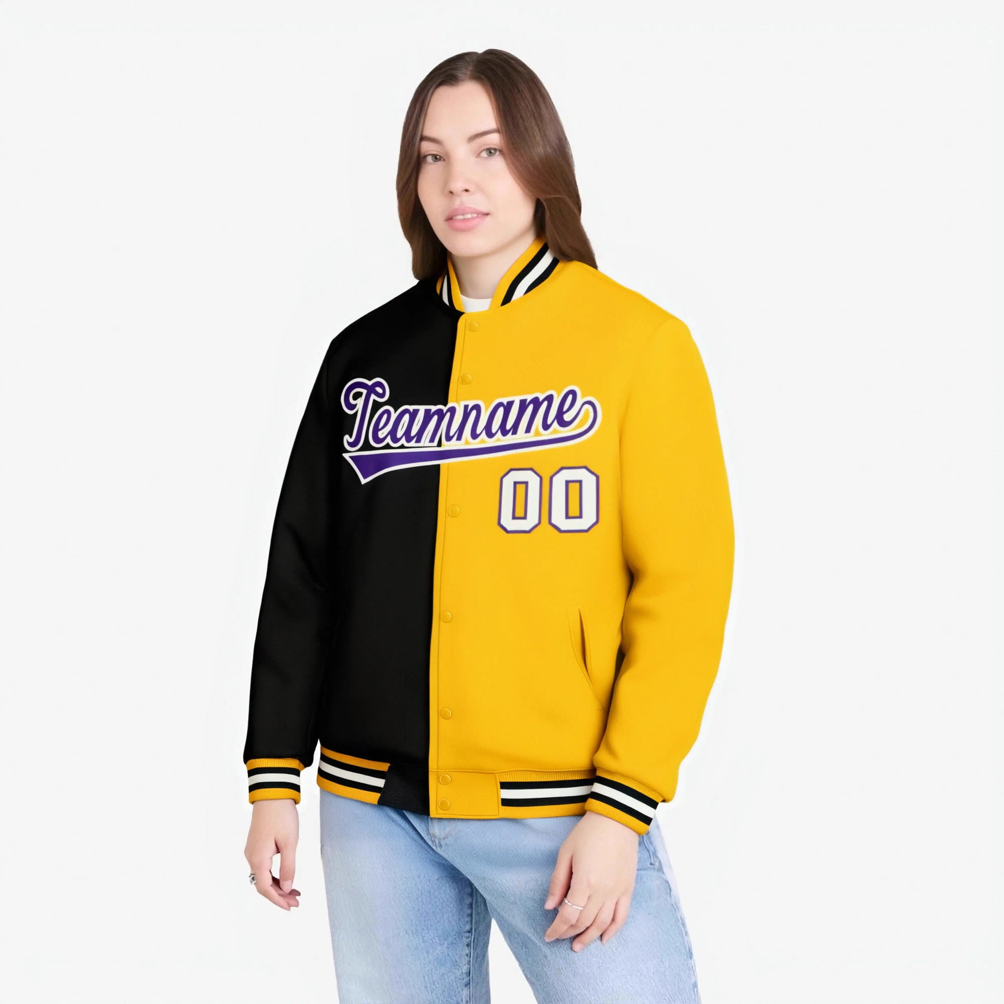 Custom Black Purple Yellow Bomber Full-Snap Varsity Letterman Split Fashion Jacket