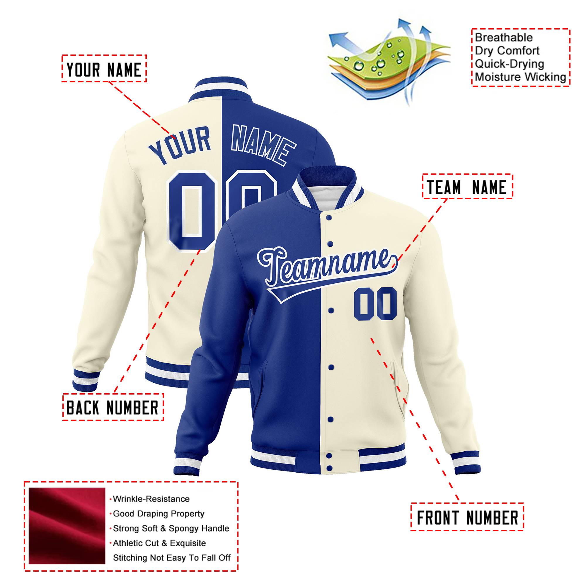 Custom Thunder-Blue Cream White Bomber Full-Snap Varsity Letterman Split Fashion Jacket