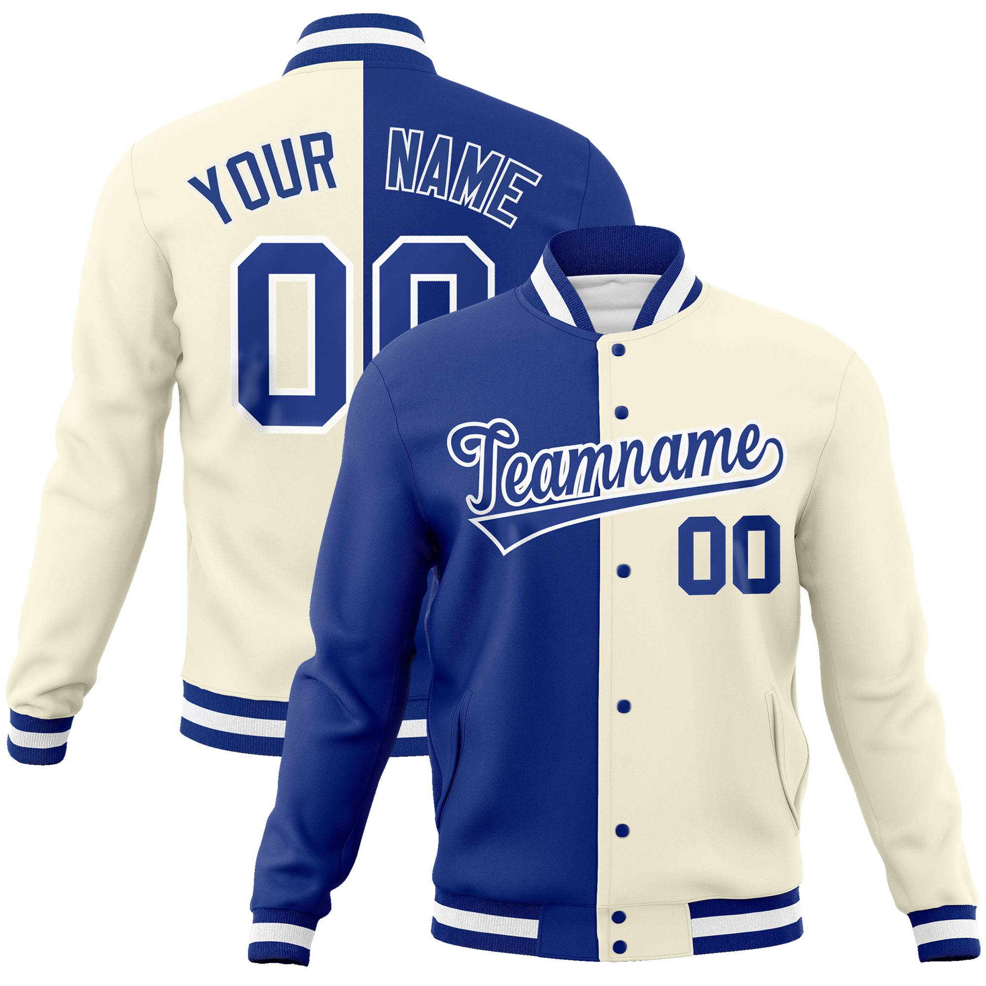 Custom Thunder-Blue Cream White Bomber Full-Snap Varsity Letterman Split Fashion Jacket