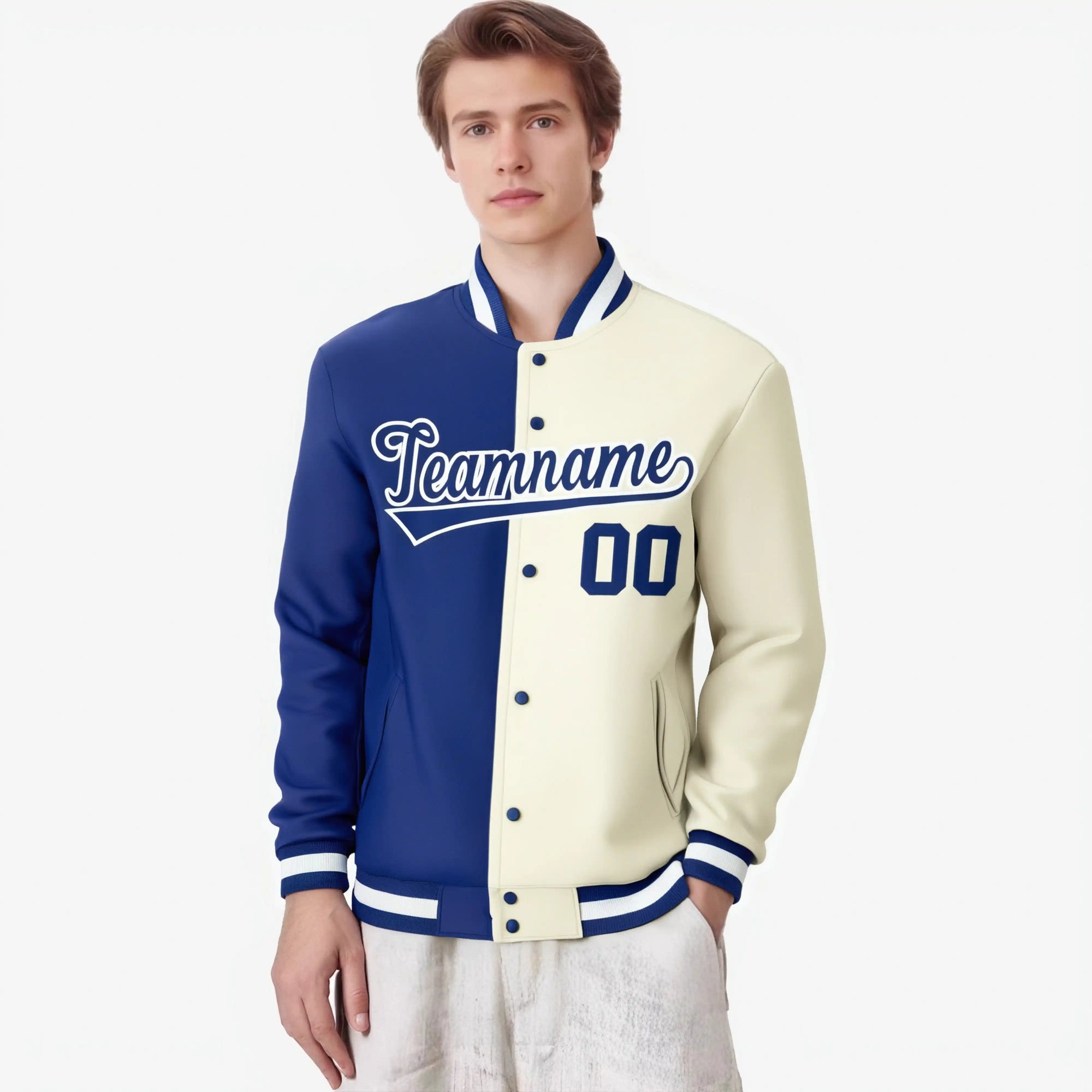 Custom Thunder-Blue Cream White Bomber Full-Snap Varsity Letterman Split Fashion Jacket