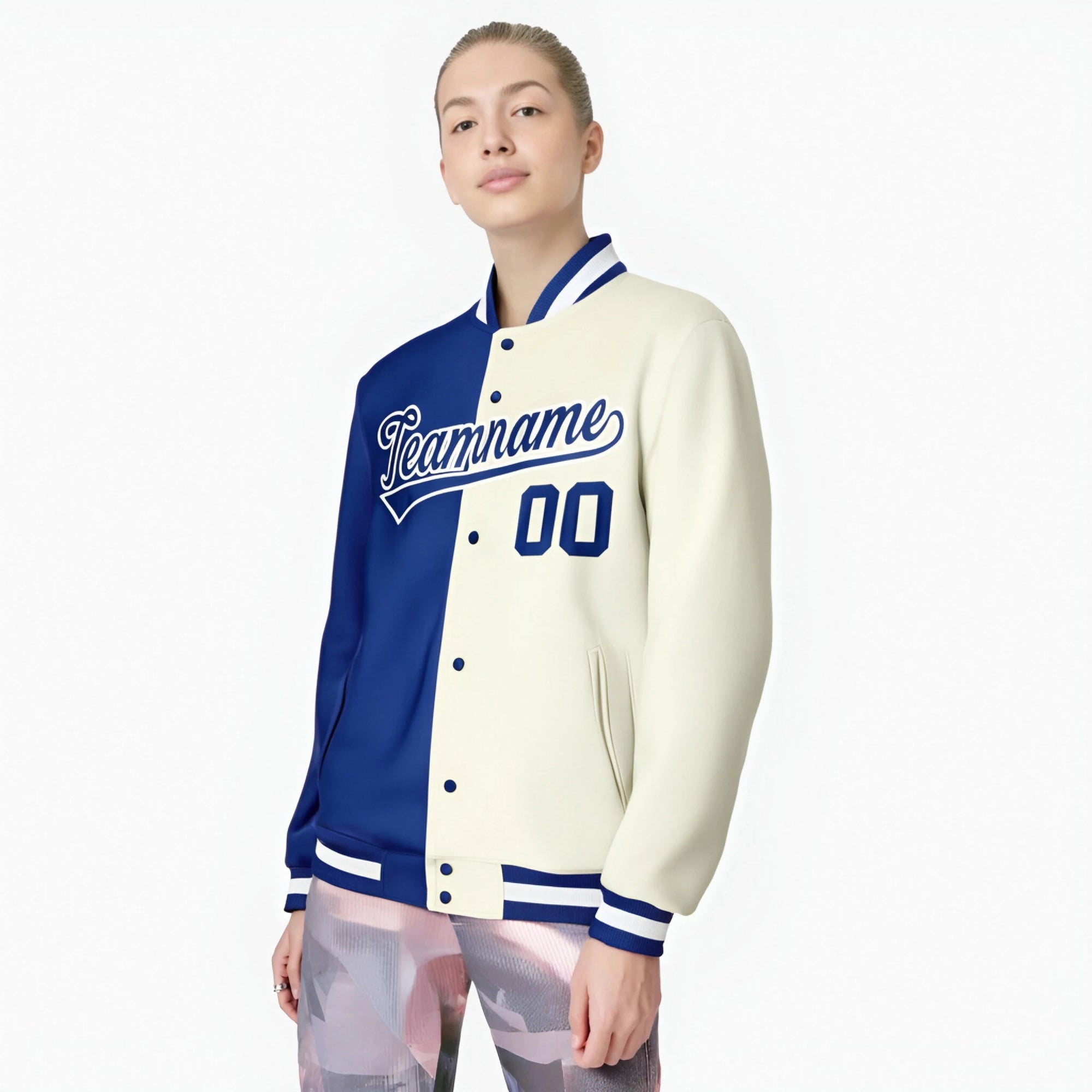 Custom Thunder-Blue Cream White Bomber Full-Snap Varsity Letterman Split Fashion Jacket