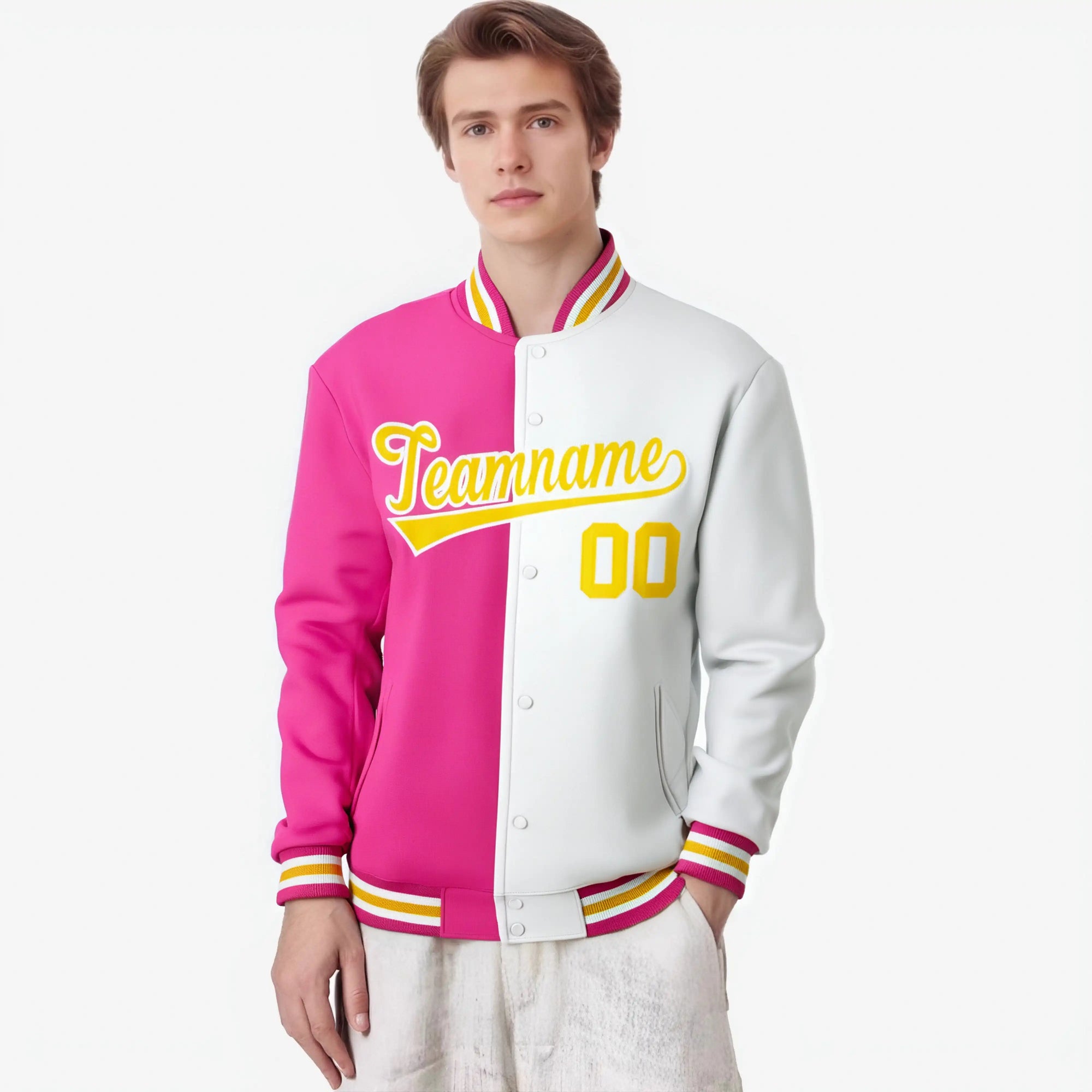 Custom Pink White Yellow Bomber Full-Snap Varsity Letterman Split Fashion Jacket