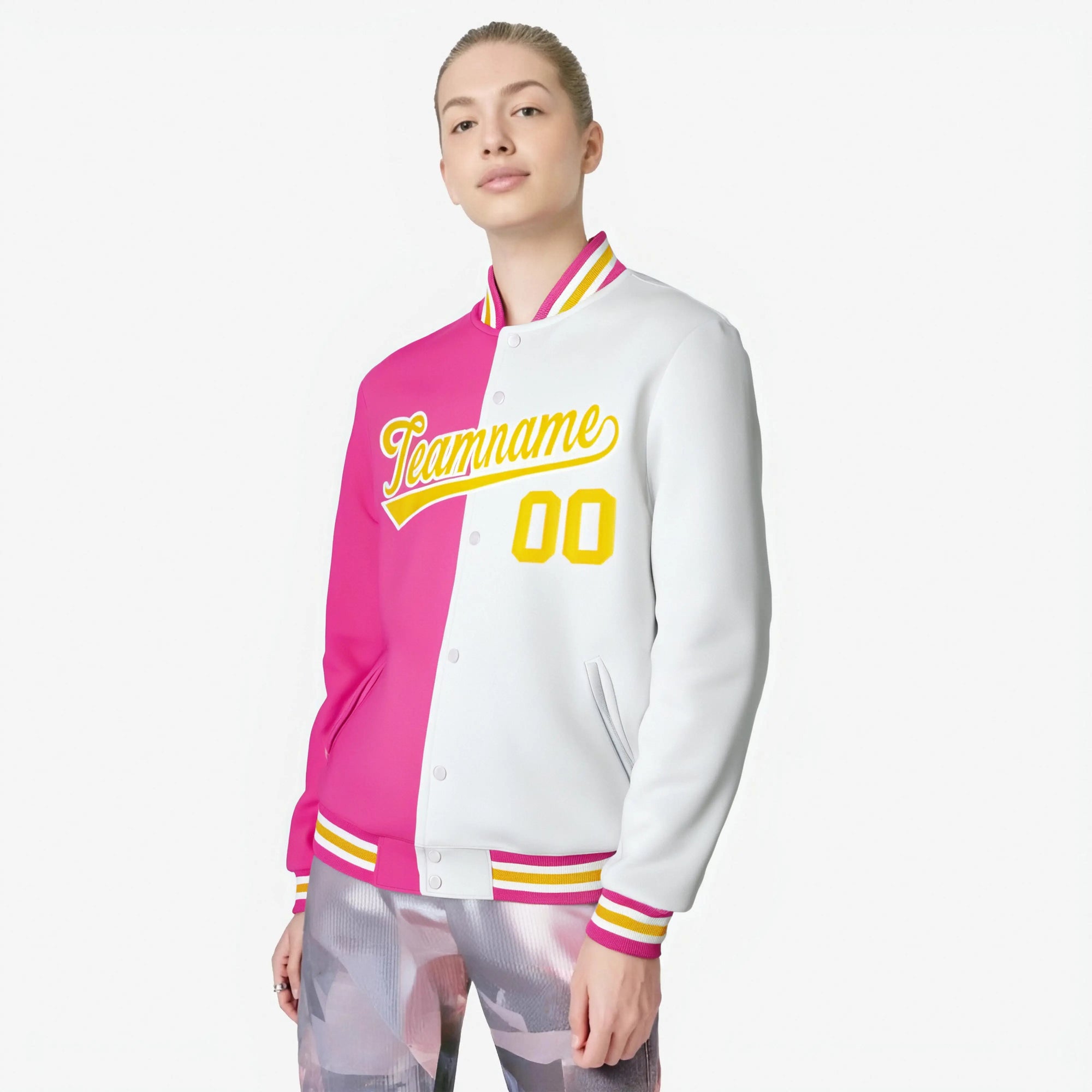 Custom Pink White Yellow Bomber Full-Snap Varsity Letterman Split Fashion Jacket