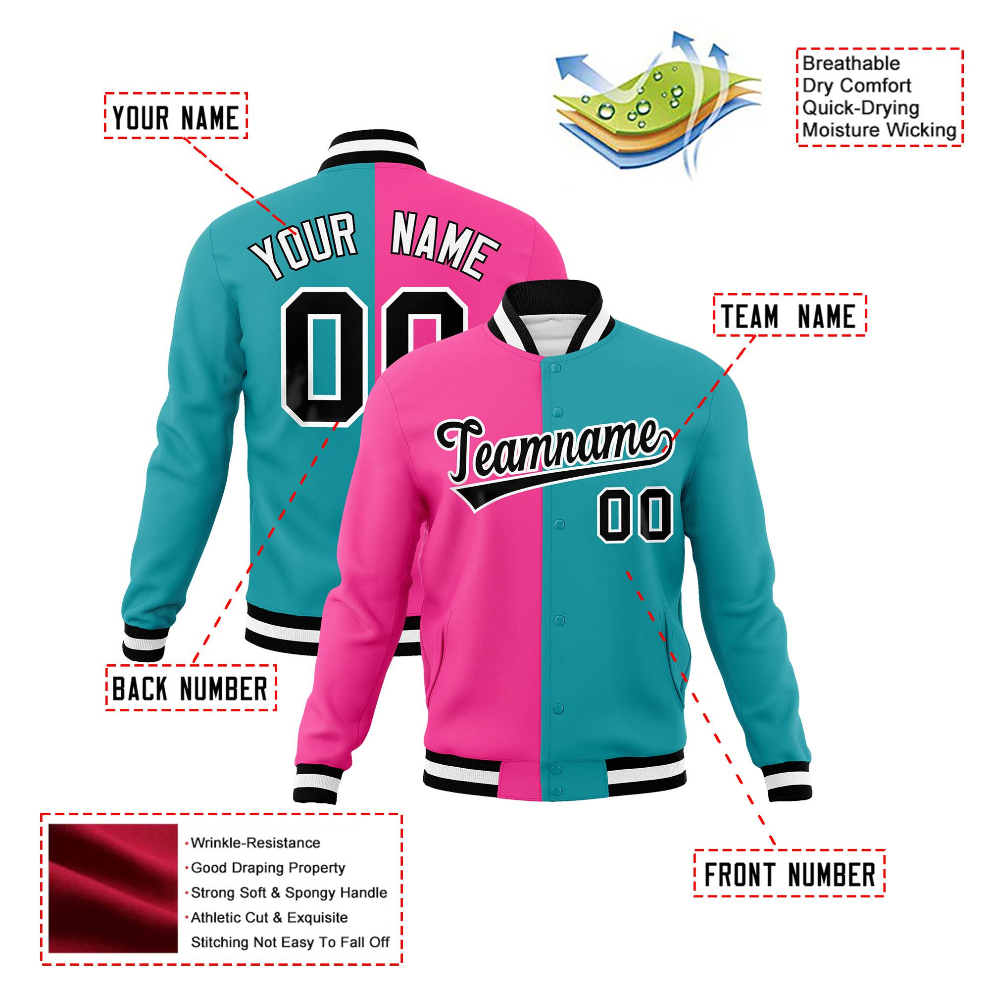 Custom Pink Aqua Black-White Bomber Full-Snap Varsity Letterman Split Fashion Jacket