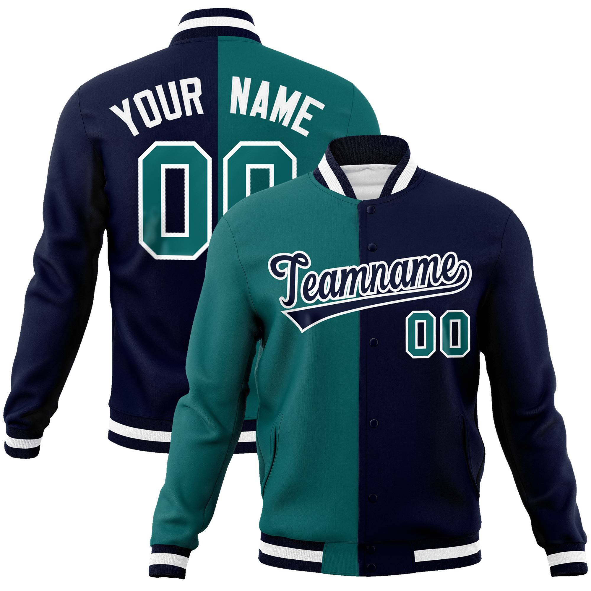 Custom Kelly-Green Navy White Bomber Full-Snap Varsity Letterman Split Fashion Jacket