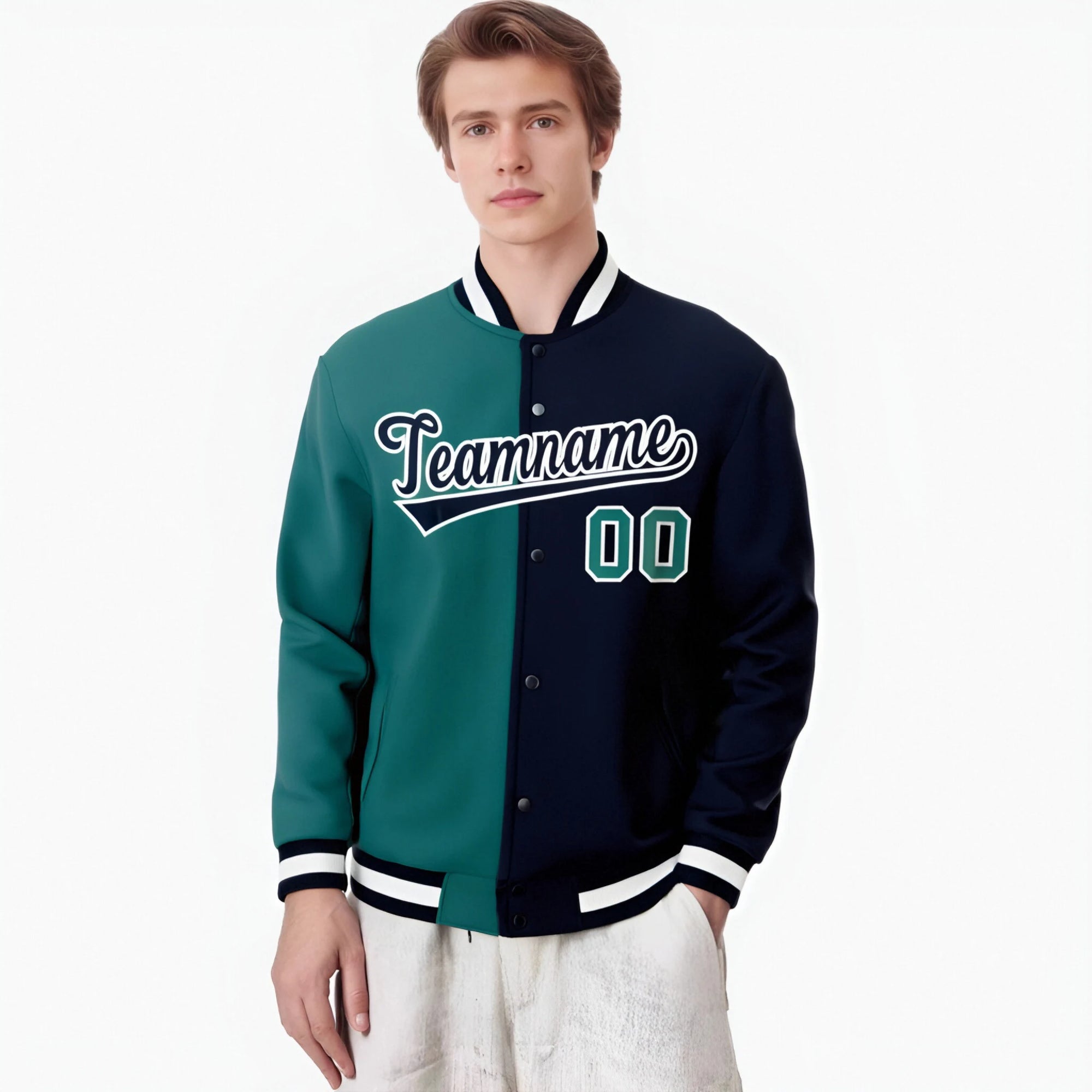 Custom Kelly-Green Navy White Bomber Full-Snap Varsity Letterman Split Fashion Jacket