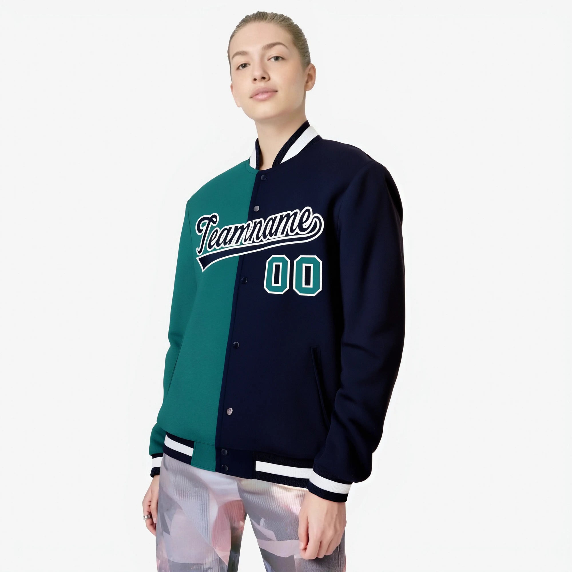 Custom Kelly-Green Navy White Bomber Full-Snap Varsity Letterman Split Fashion Jacket