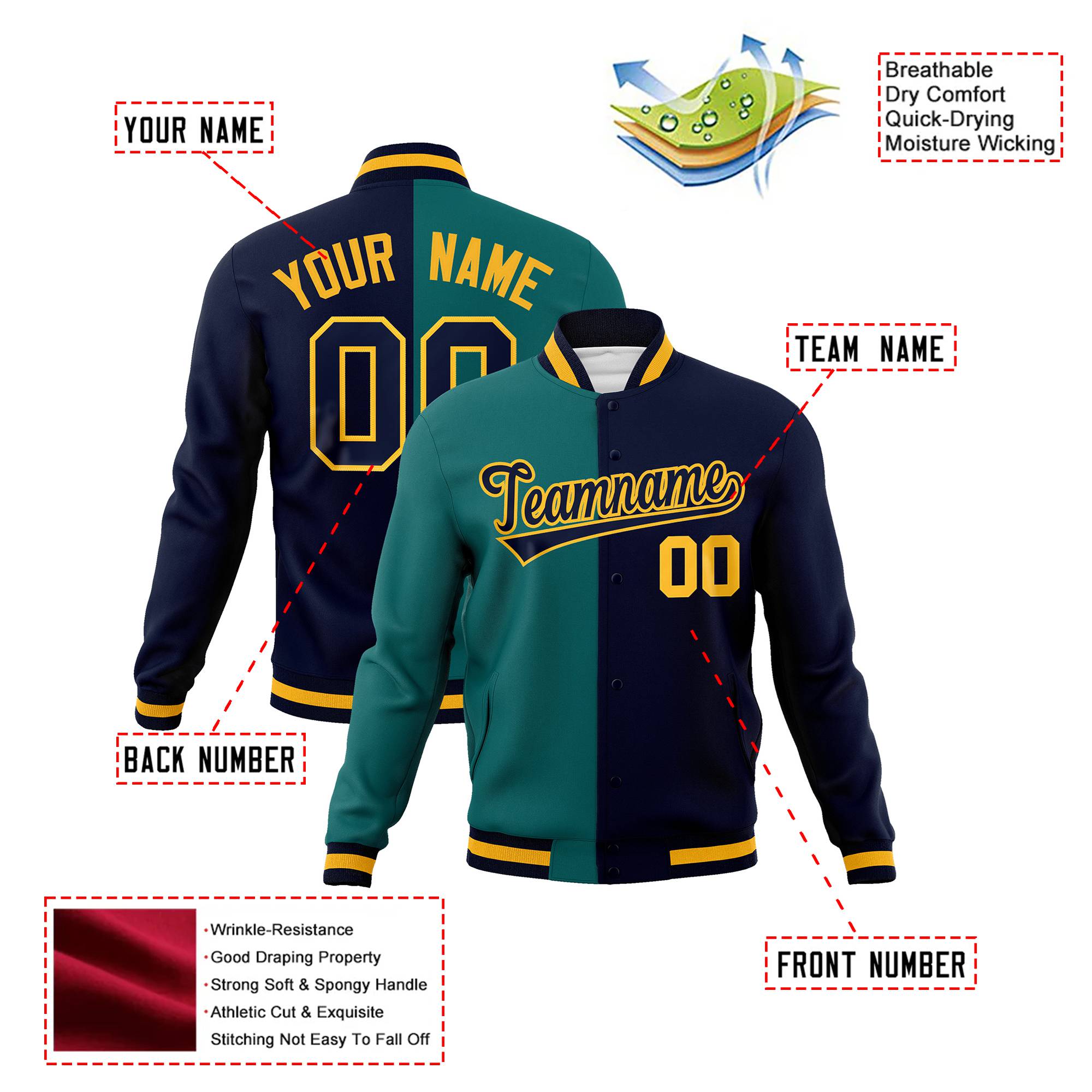 Custom Kelly-Green Navy Yellow Bomber Full-Snap Varsity Letterman Split Fashion Jacket