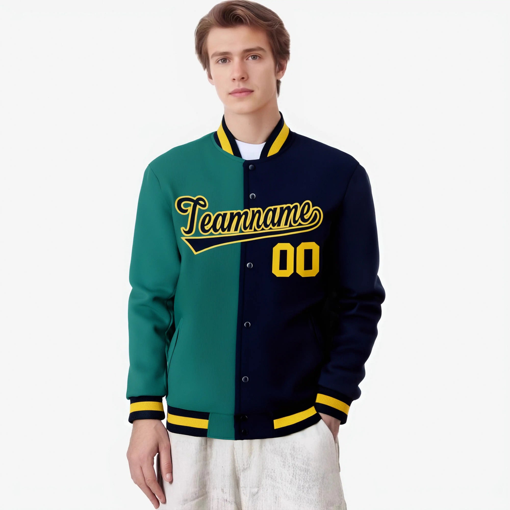 Custom Kelly-Green Navy Yellow Bomber Full-Snap Varsity Letterman Split Fashion Jacket