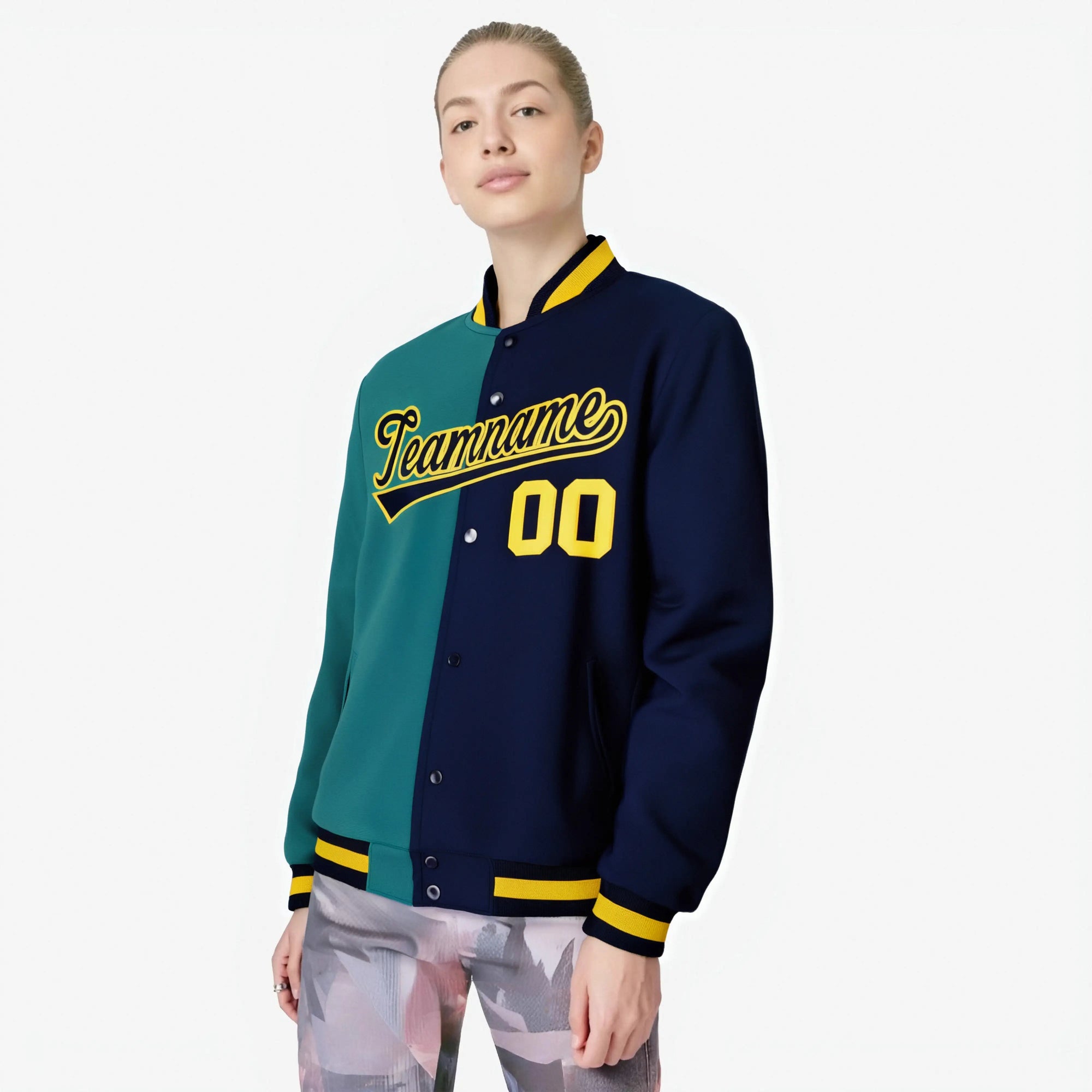 Custom Kelly-Green Navy Yellow Bomber Full-Snap Varsity Letterman Split Fashion Jacket