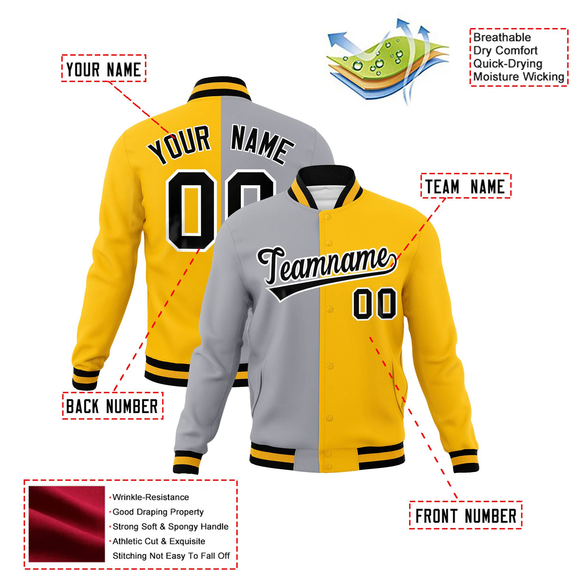 Custom Gray Yellow Black Bomber Full-Snap Varsity Letterman Split Fashion Jacket