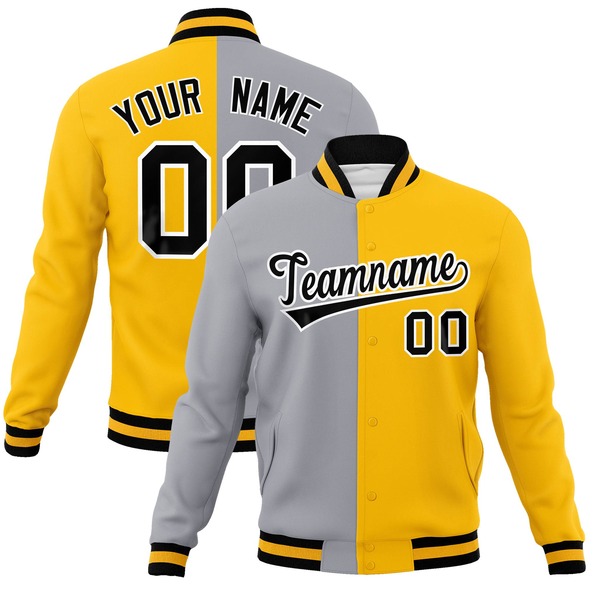 Custom Gray Yellow Black Bomber Full-Snap Varsity Letterman Split Fashion Jacket