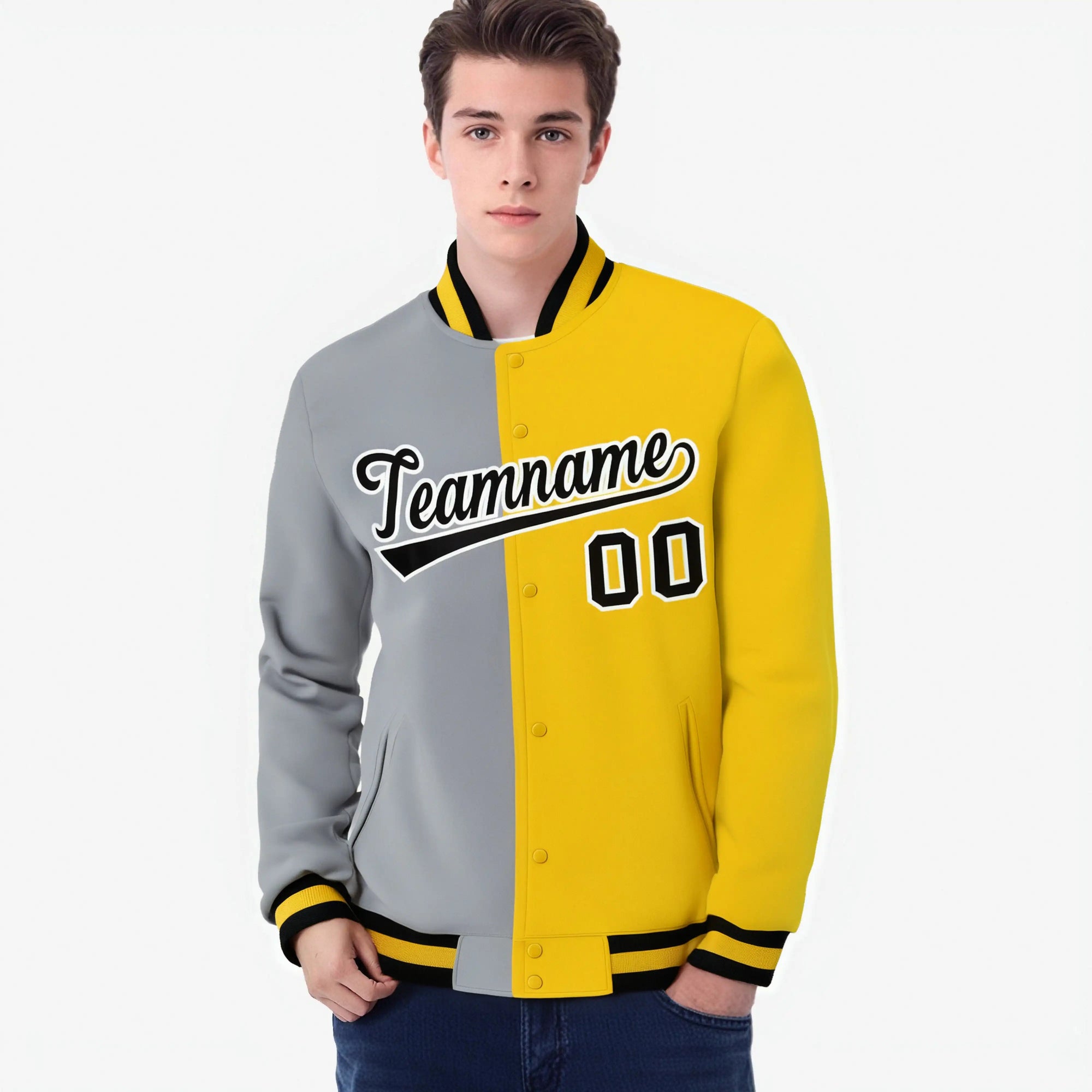 Custom Gray Yellow Black Bomber Full-Snap Varsity Letterman Split Fashion Jacket