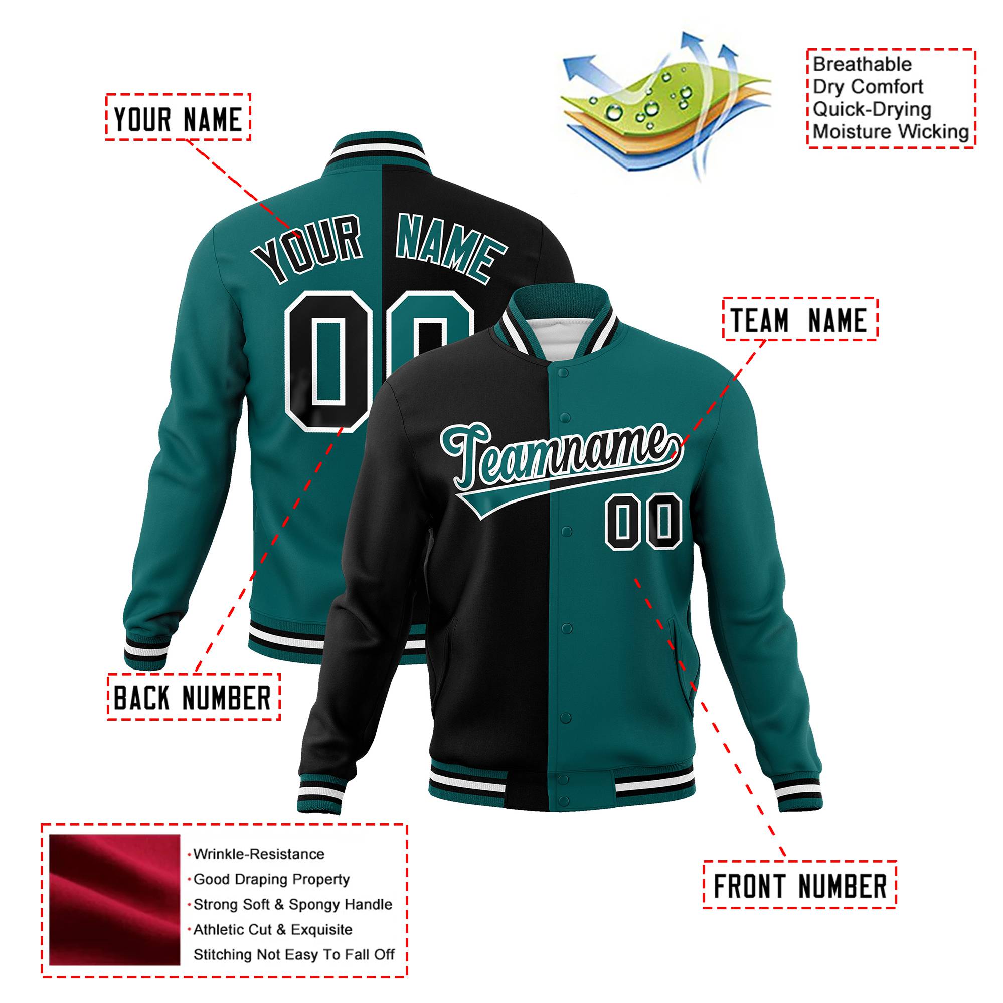 Custom Black White Aqua Bomber Full-Snap Varsity Letterman Split Fashion Jacket