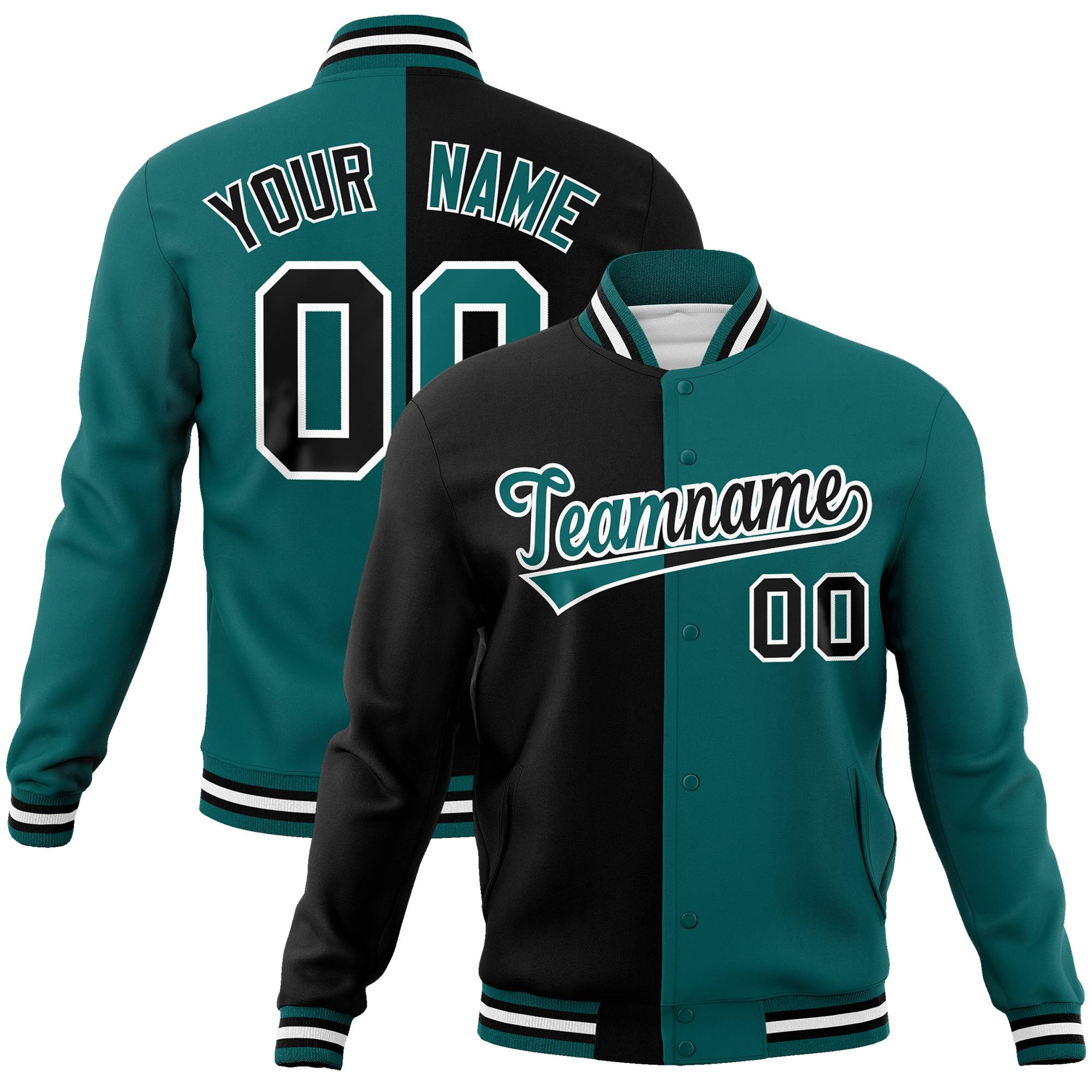 Custom Black White Aqua Bomber Full-Snap Varsity Letterman Split Fashion Jacket