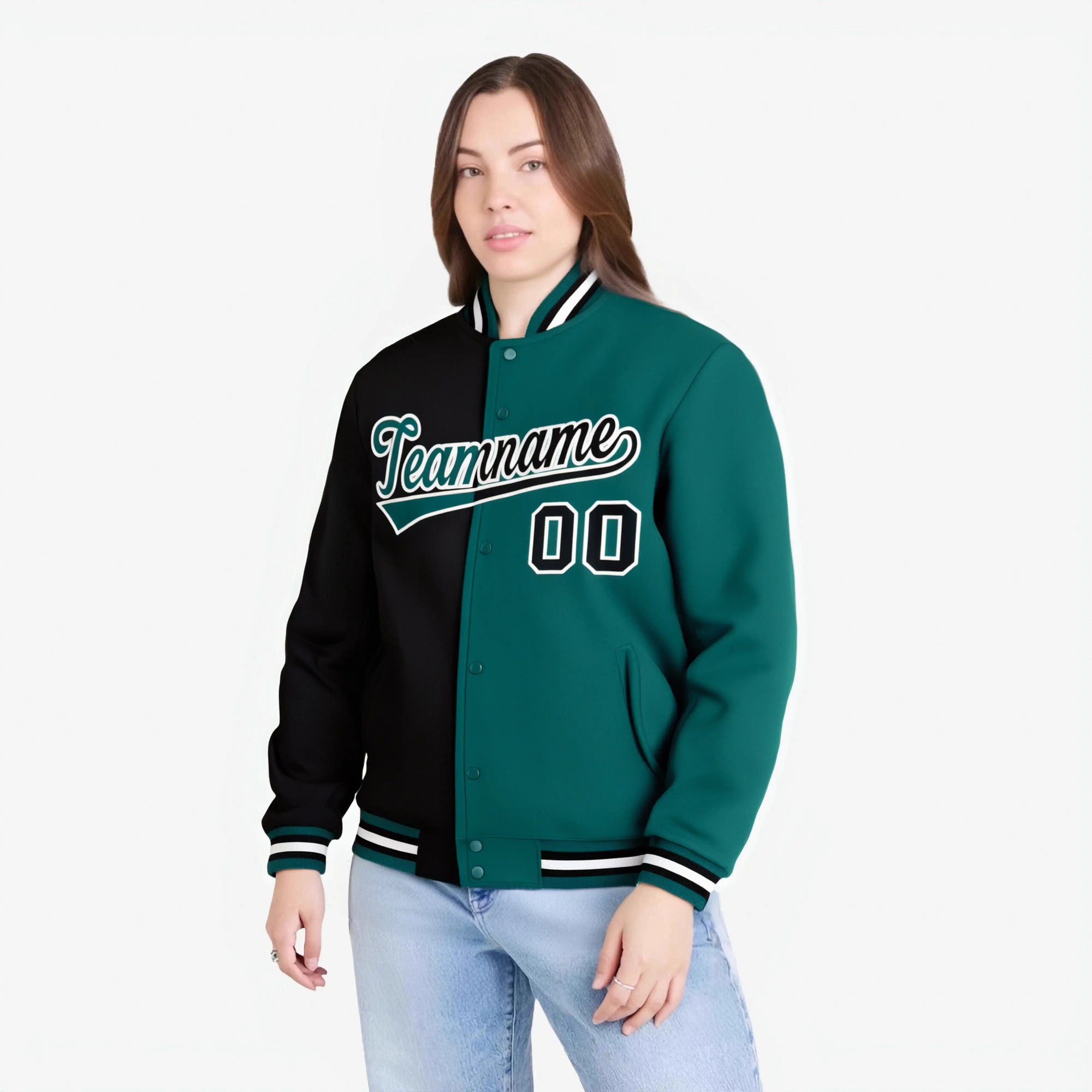 Custom Black White Aqua Bomber Full-Snap Varsity Letterman Split Fashion Jacket