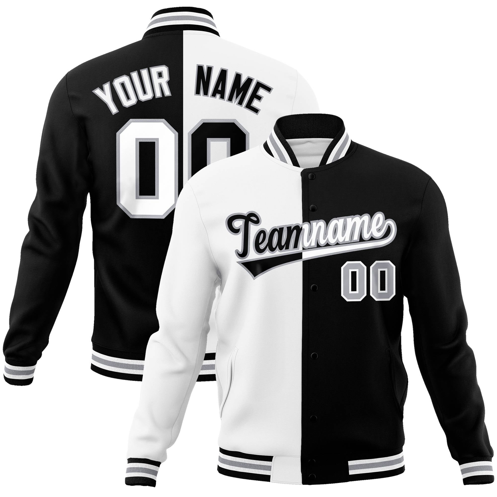 Custom White Black Gray Bomber Full-Snap Varsity Letterman Split Fashion Jacket