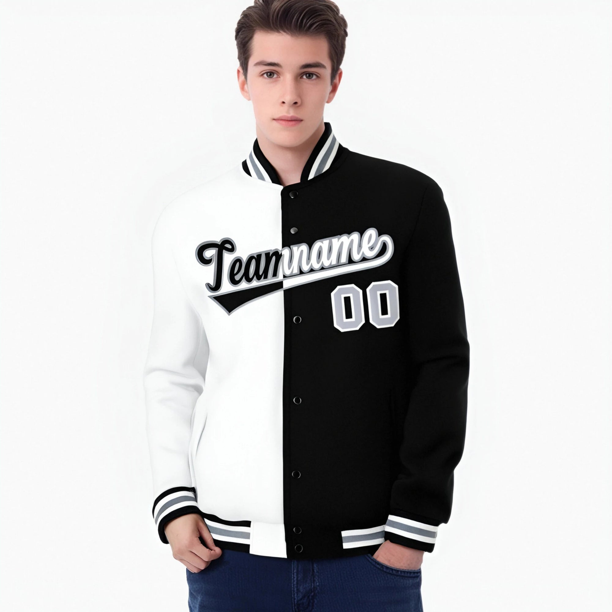 Custom White Black Gray Bomber Full-Snap Varsity Letterman Split Fashion Jacket