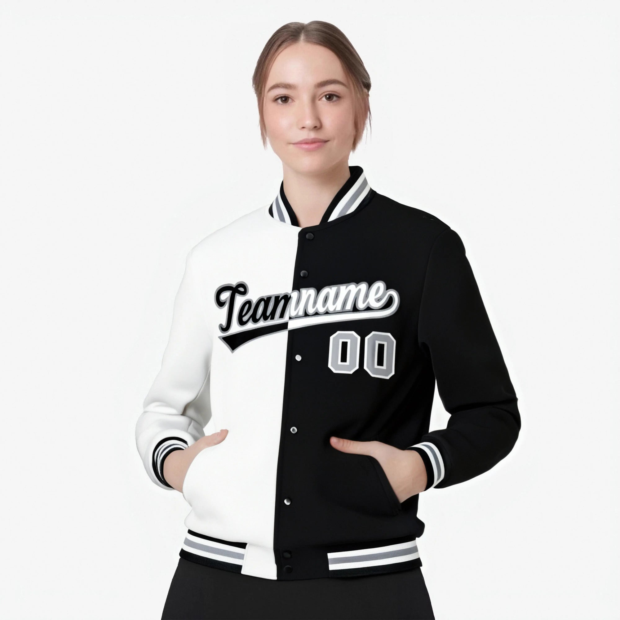 Custom White Black Gray Bomber Full-Snap Varsity Letterman Split Fashion Jacket