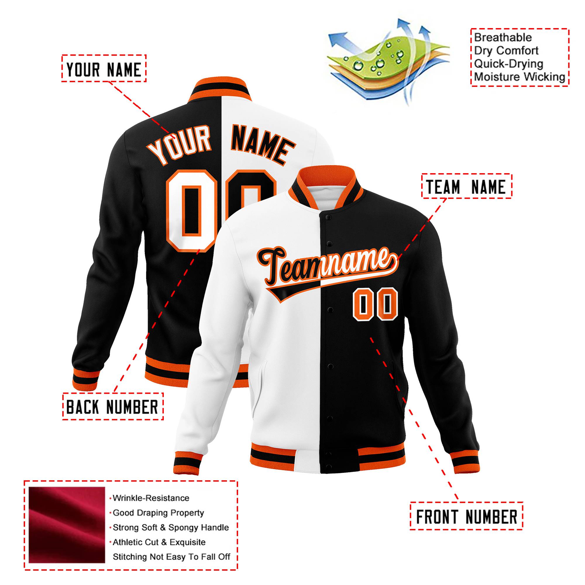 Custom White Black Orange Bomber Full-Snap Varsity Letterman Split Fashion Jacket