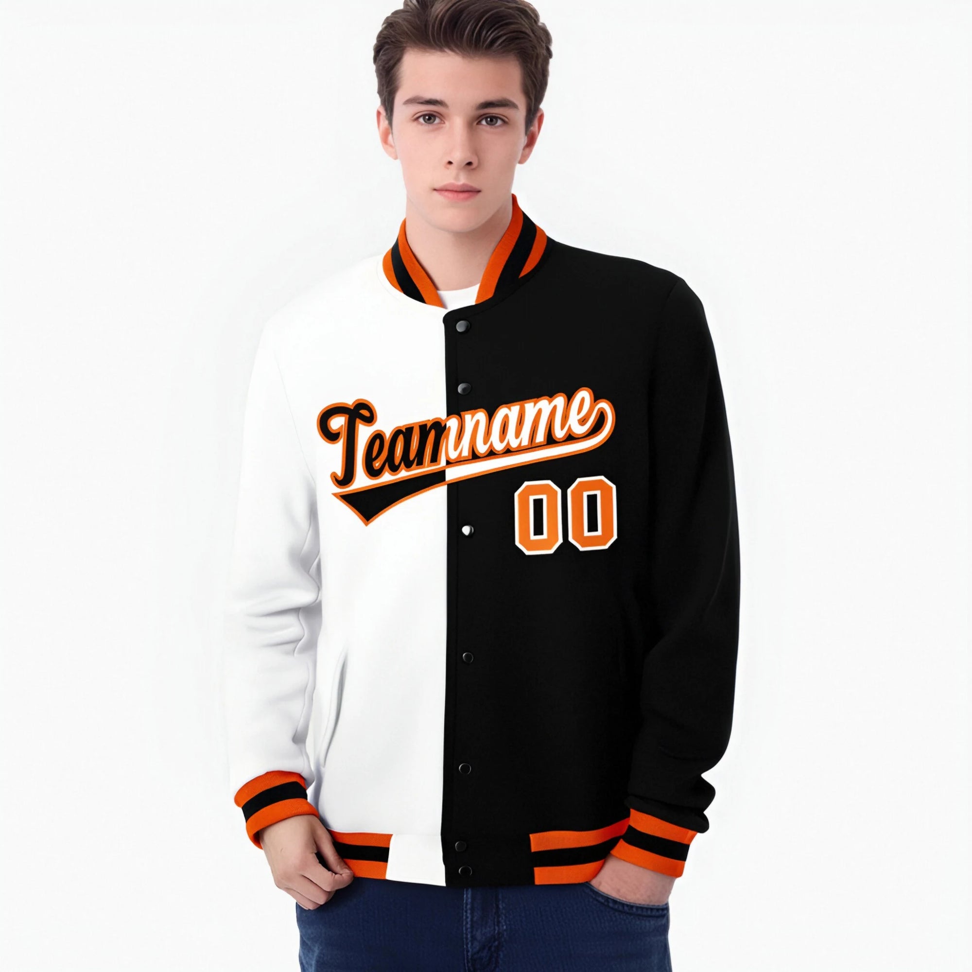 Custom White Black Orange Bomber Full-Snap Varsity Letterman Split Fashion Jacket