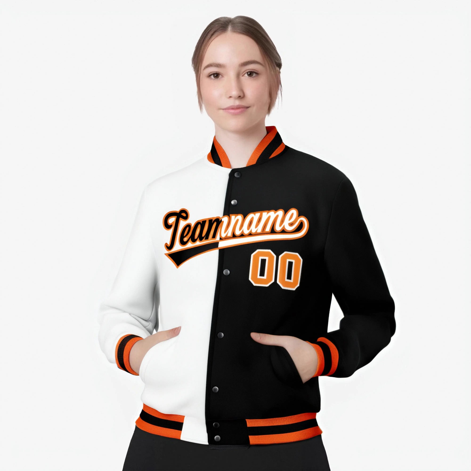 Custom White Black Orange Bomber Full-Snap Varsity Letterman Split Fashion Jacket